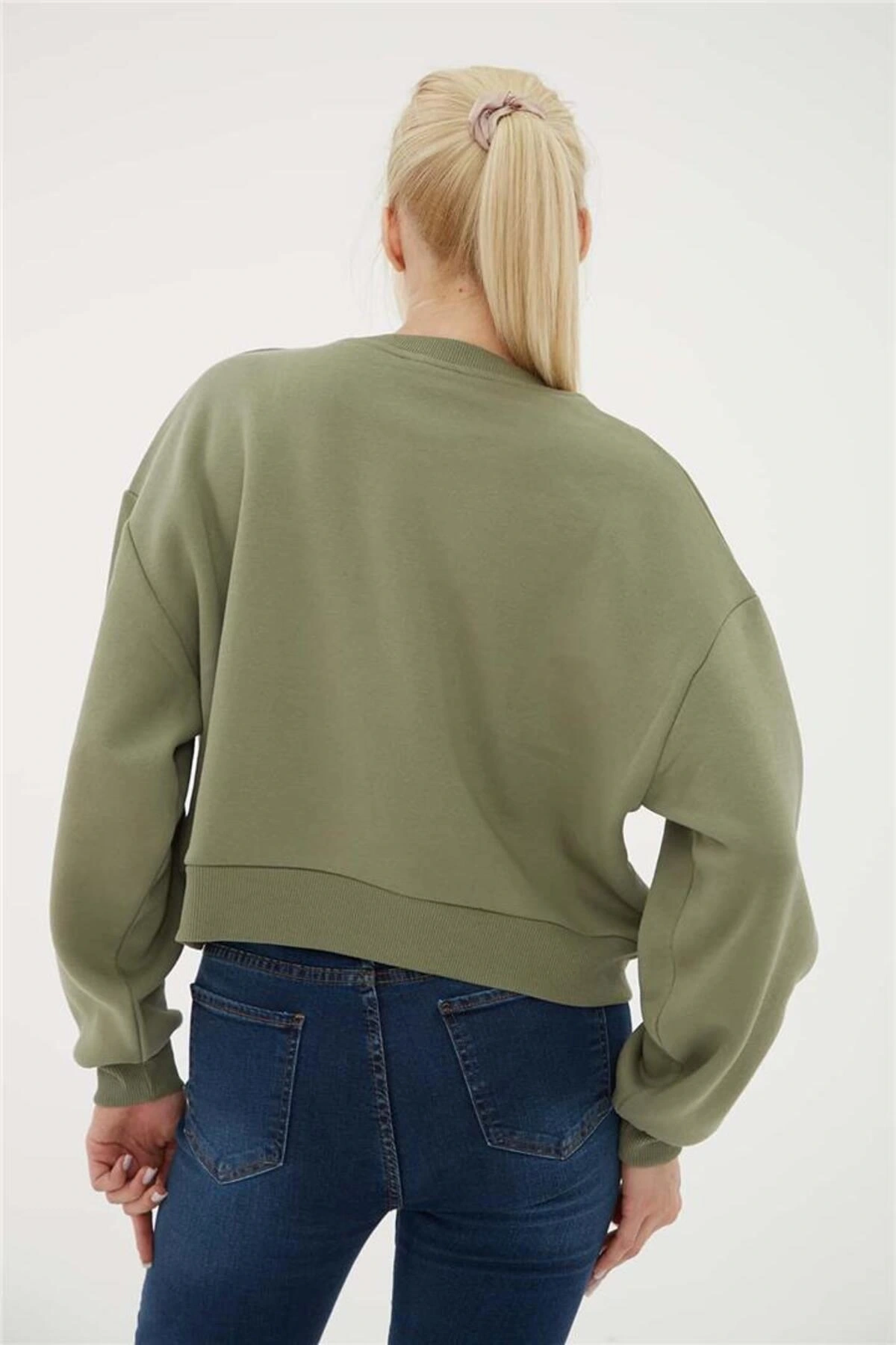 Nakışlı Crop Sweat Haki