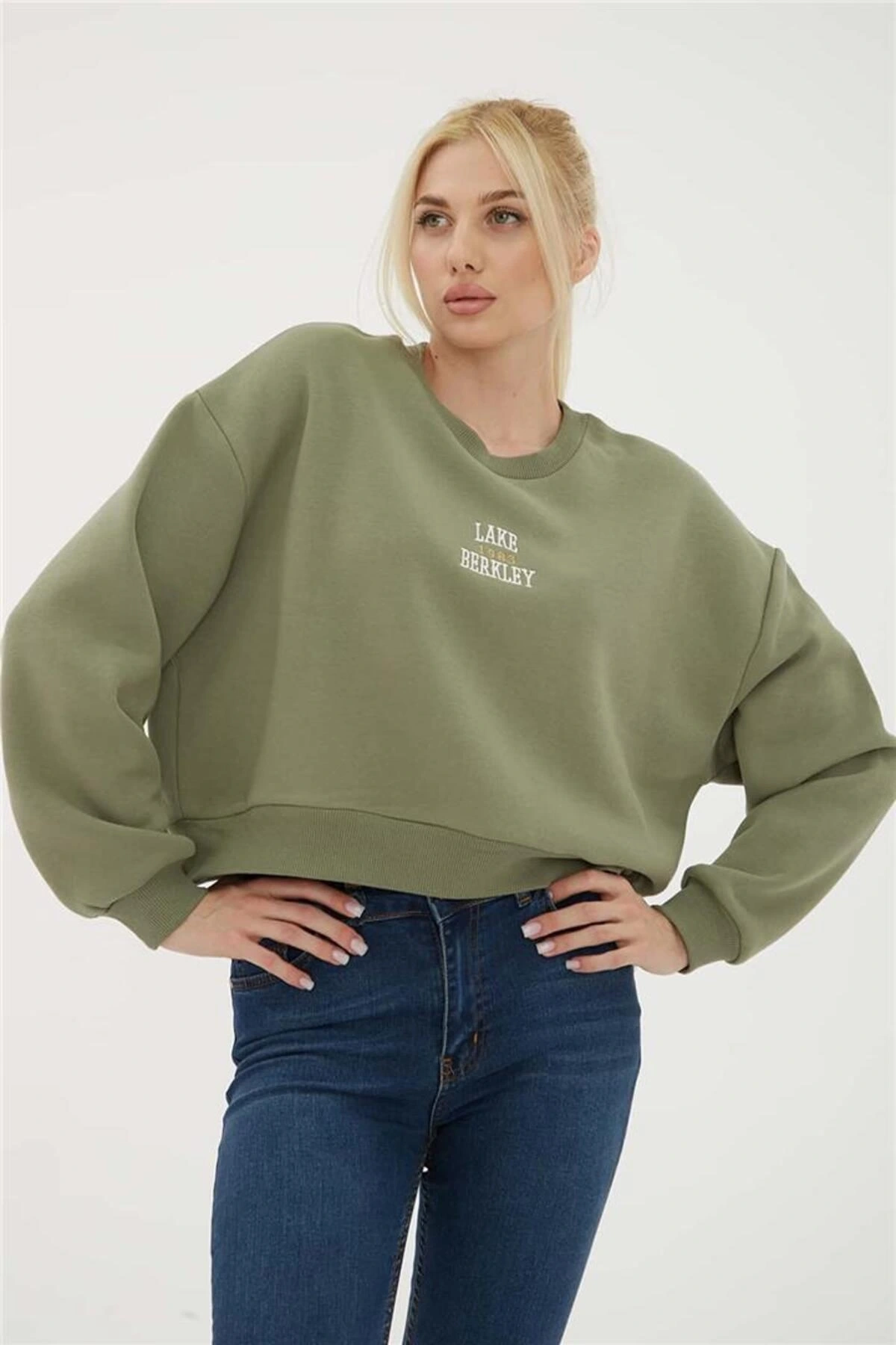 Nakışlı Crop Sweat Haki