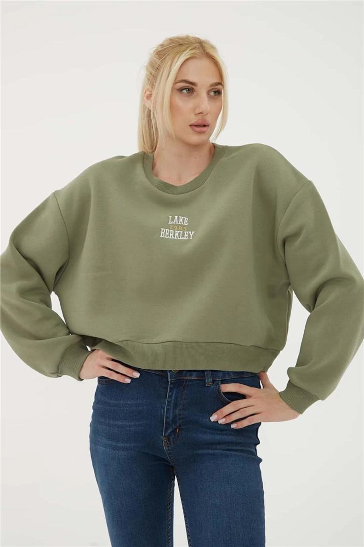 Nakışlı Crop Sweat Haki