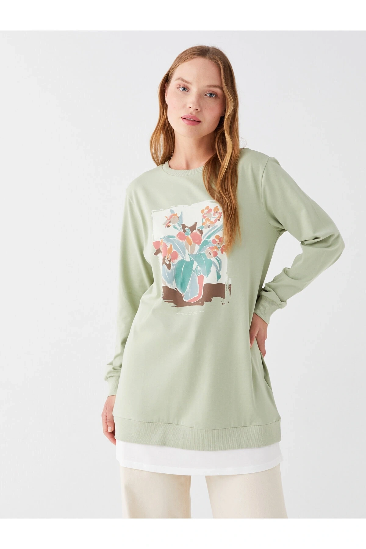 Bisiklet Yaka Baskılı Uzun Kollu Kadın Tunik