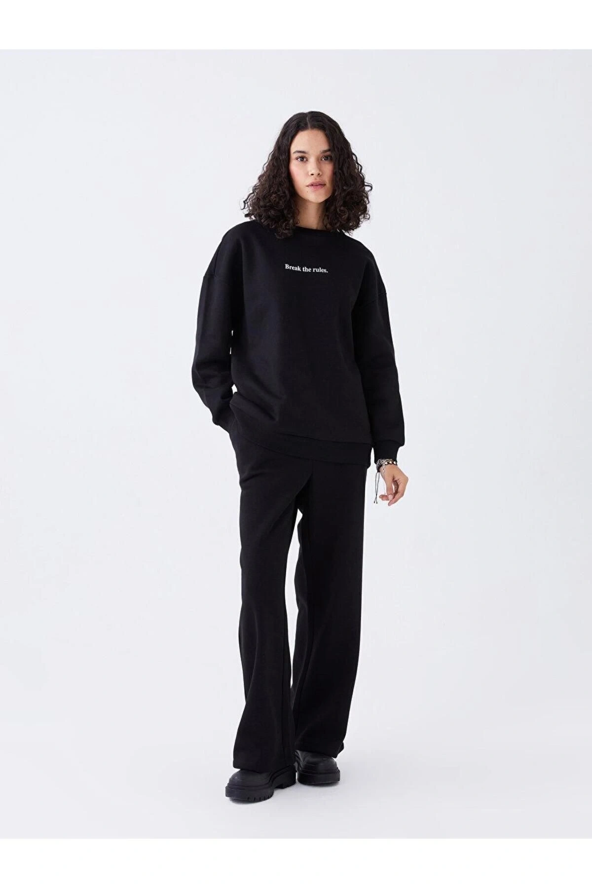 LCW Vision Bisiklet Yaka Baskılı Uzun Kollu Oversize Kadın Sweatshirt