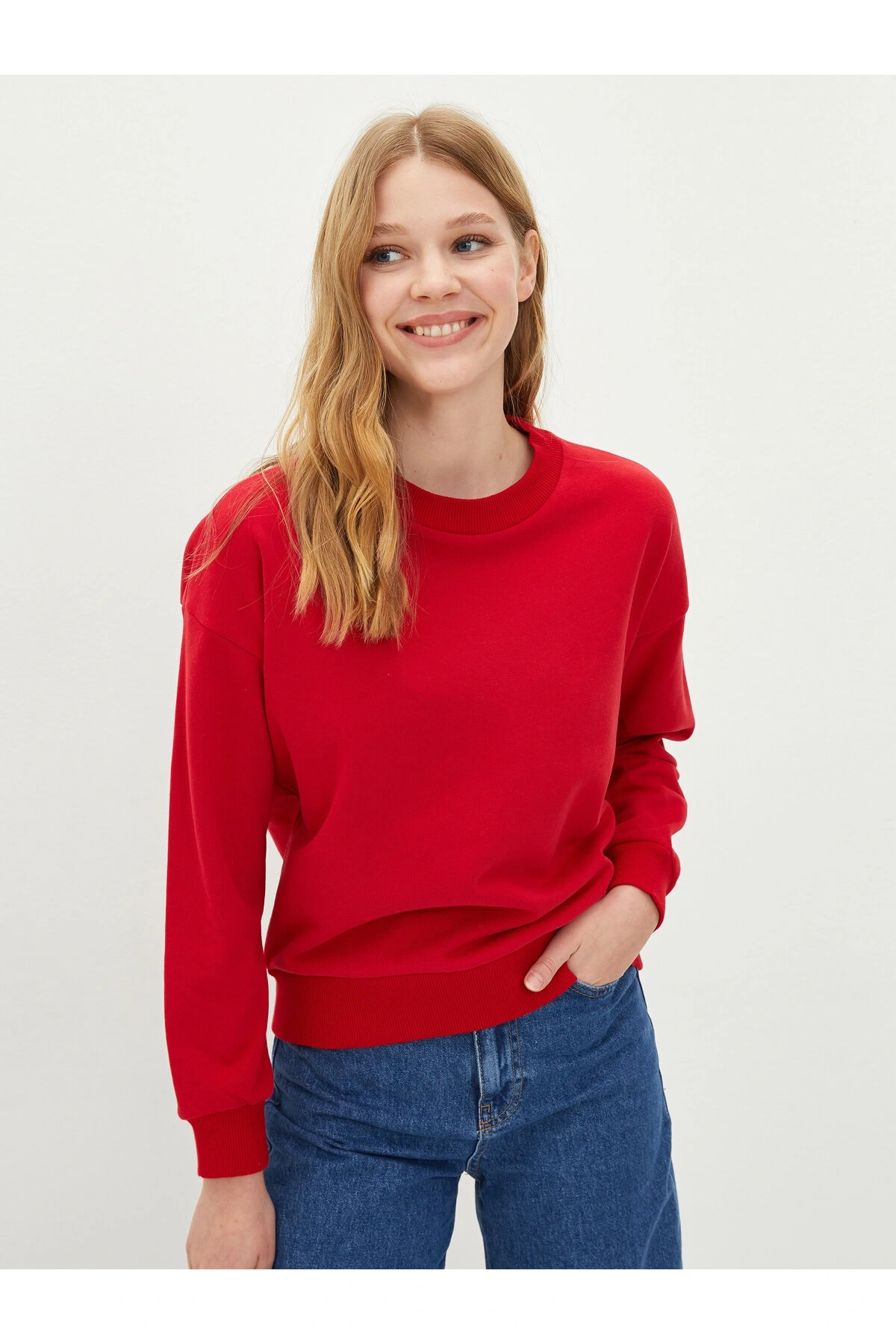 Bisiklet Yaka Düz Uzun Kollu Kadın Sweatshirt