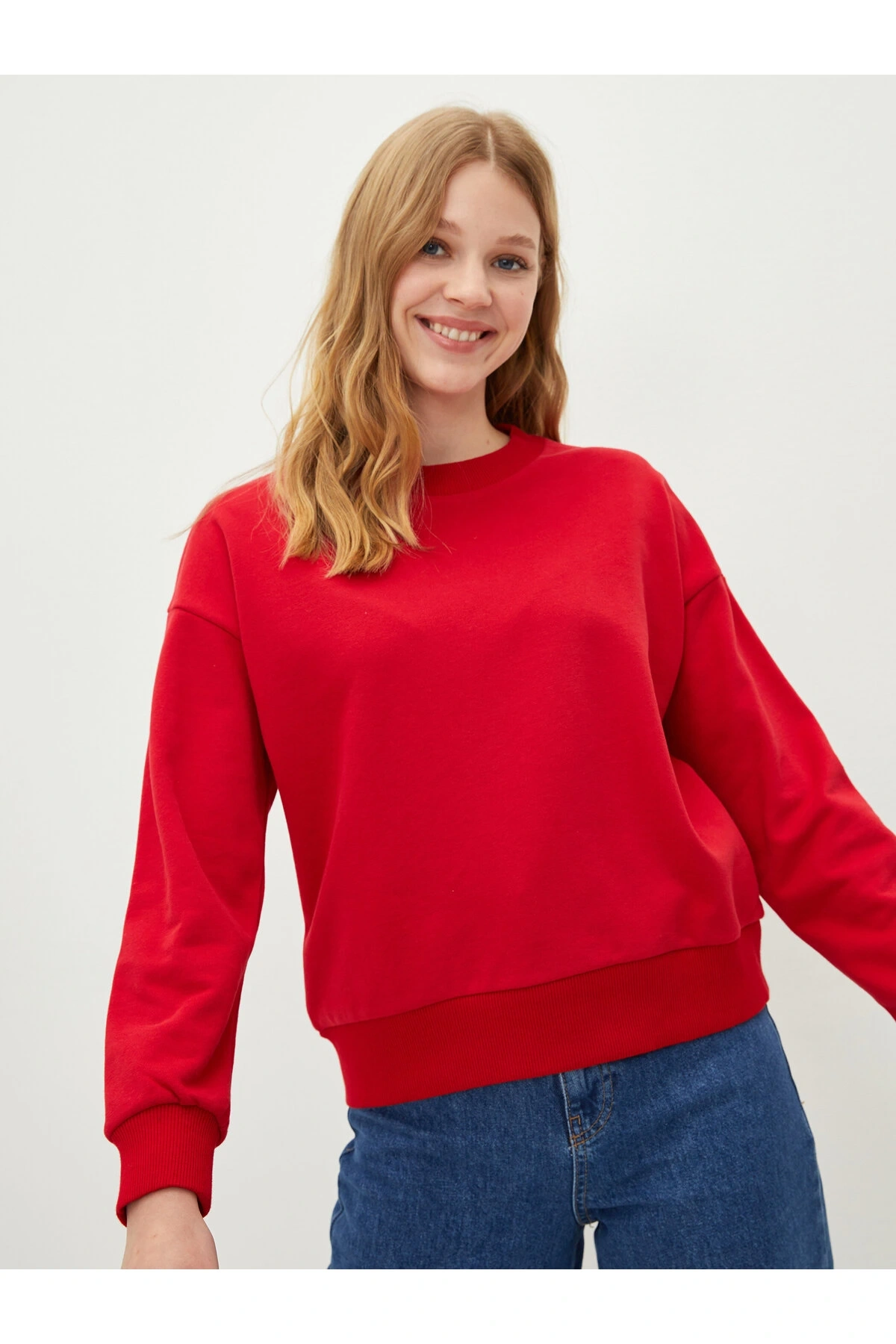 Bisiklet Yaka Düz Uzun Kollu Kadın Sweatshirt