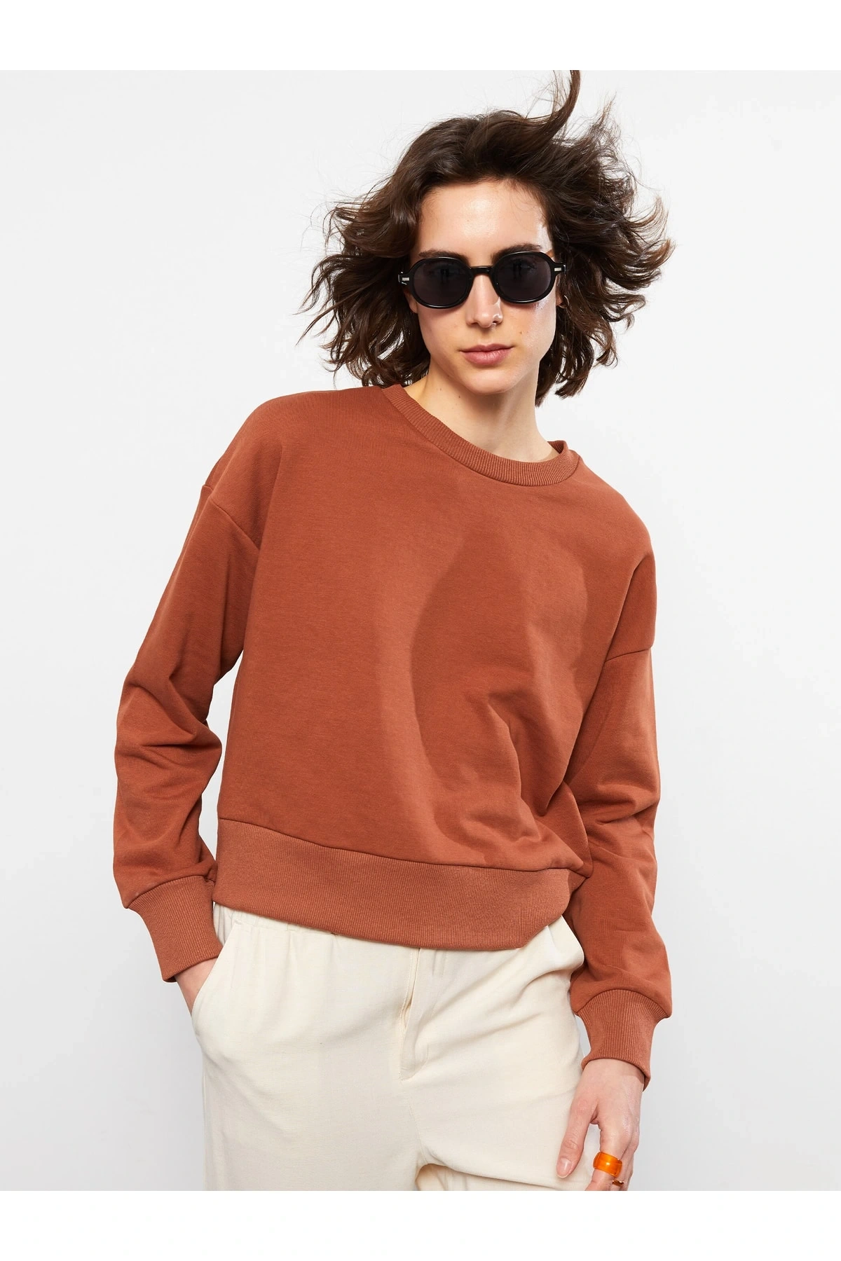 Bisiklet Yaka Düz Uzun Kollu Kadın Sweatshirt