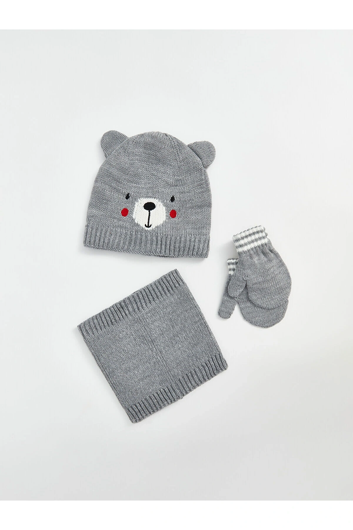 Lcwk Ayıcık Nakışlı Erkek Bebek Atkı Bere Ve Eldiven