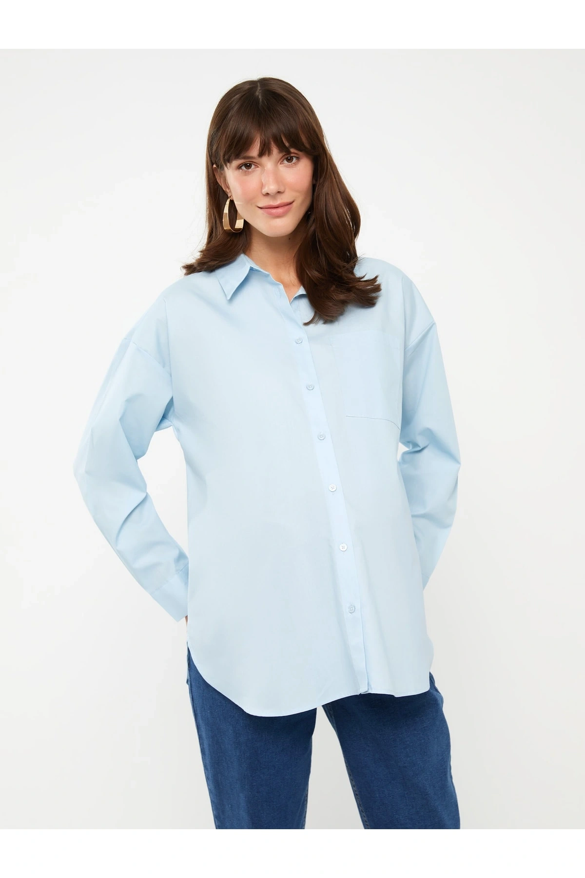 Düz Uzun Kollu Poplin Hamile Gömlek