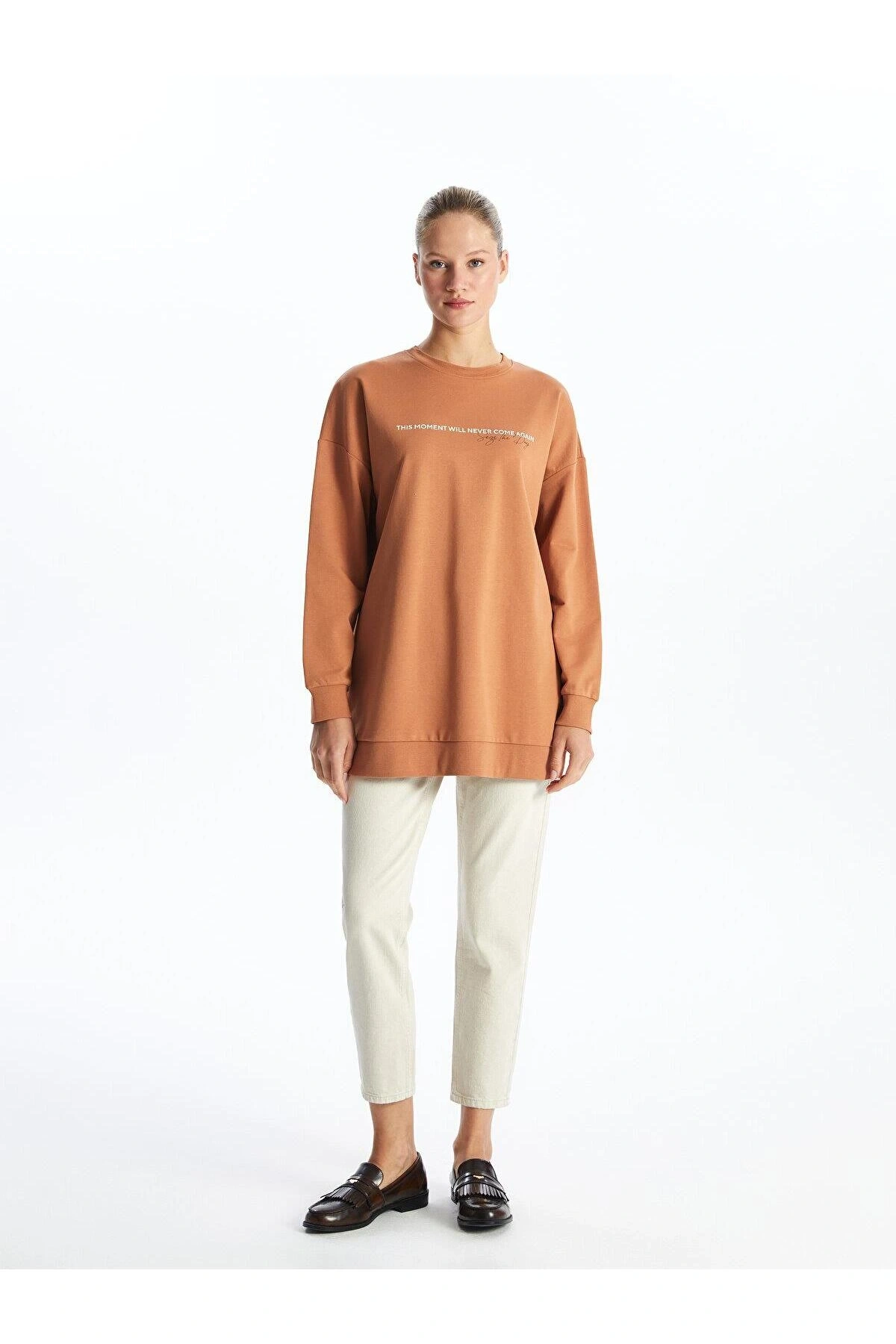 LCW Modest Bisiklet Yaka Baskılı Kadın Sweatshirt Tunik