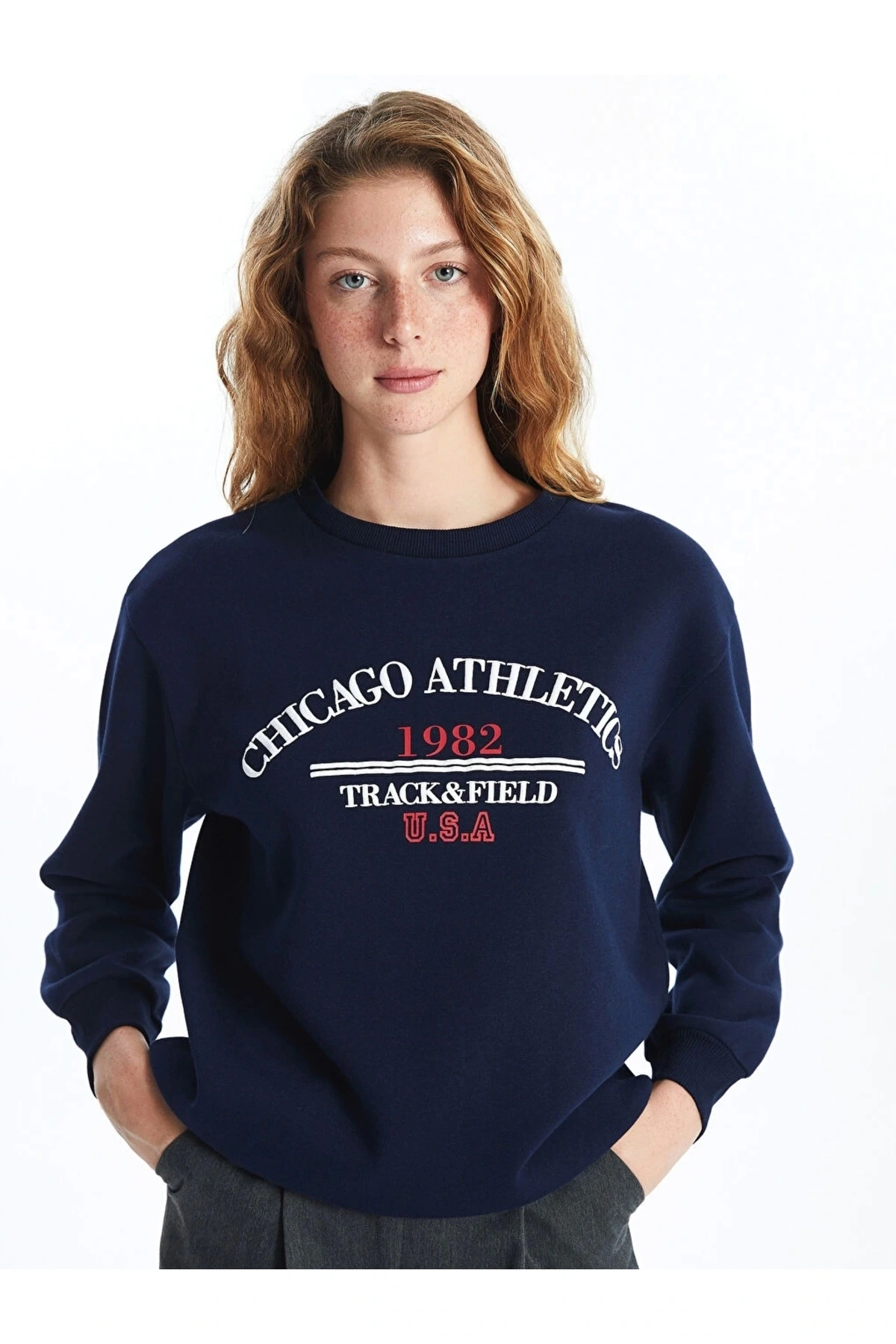 Xsıde Lacivert Bisiklet Yaka Baskılı Kadın Kalın Sweatshirt