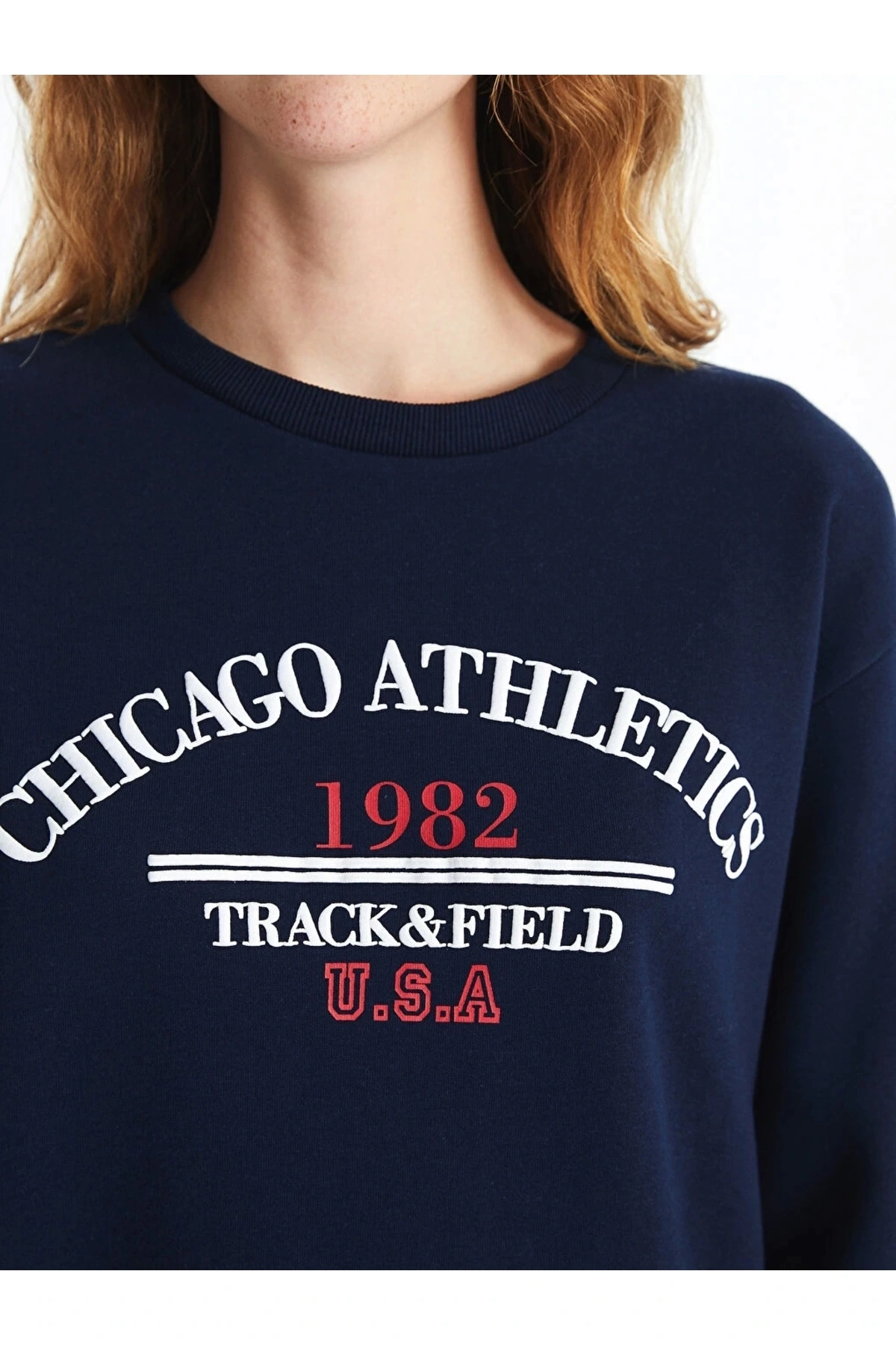 Xsıde Lacivert Bisiklet Yaka Baskılı Kadın Kalın Sweatshirt