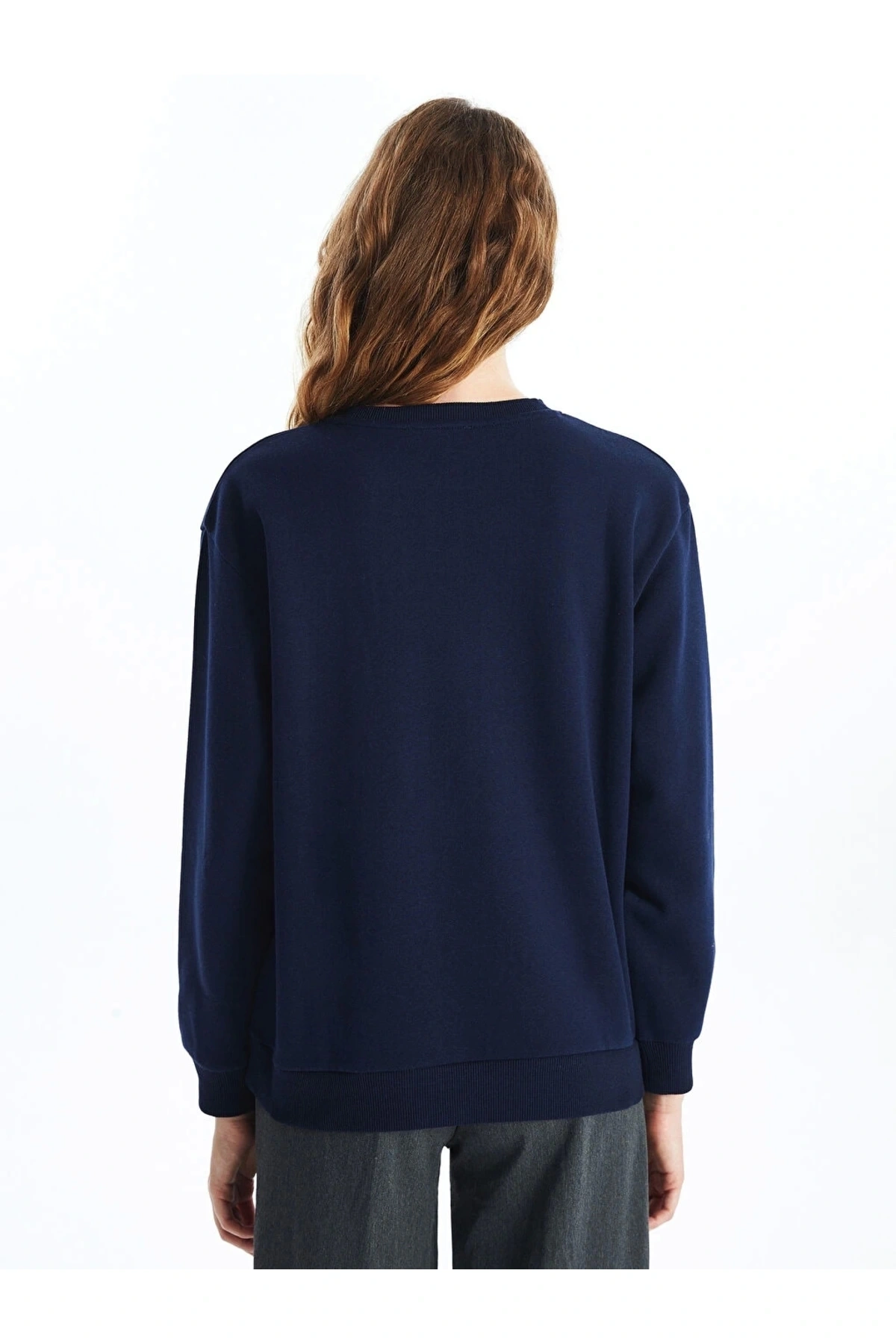 Xsıde Lacivert Bisiklet Yaka Baskılı Kadın Kalın Sweatshirt