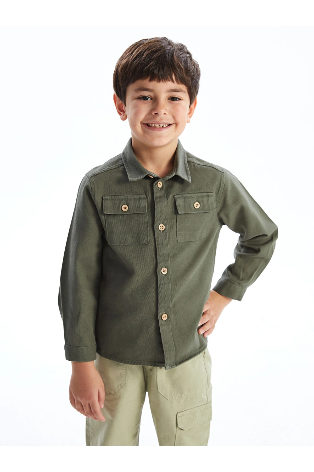 Haki Uzun Kollu Basic Erkek Çocuk Gömlek