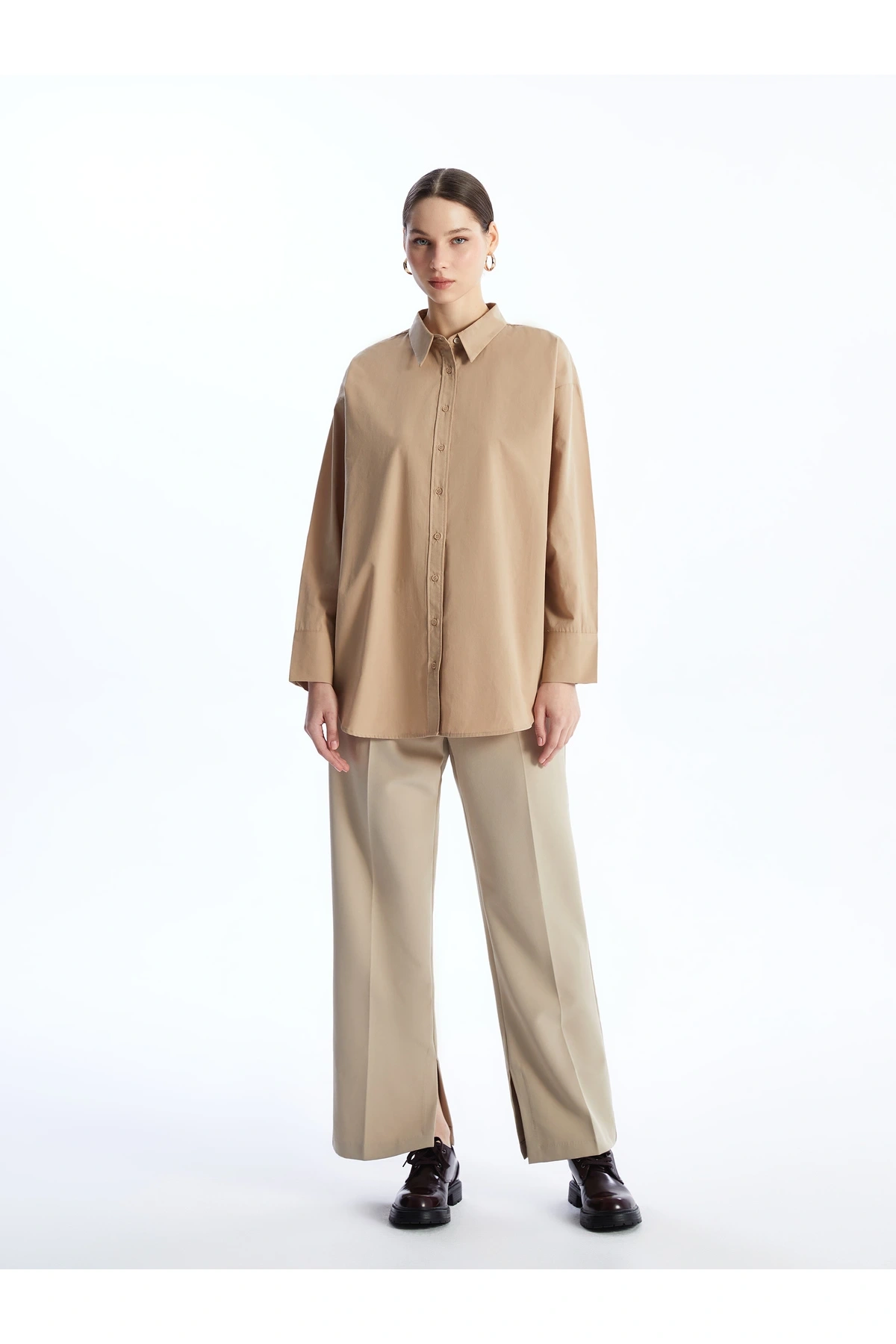 Düz Uzun Kollu Poplin Kadın Gömlek Tunik