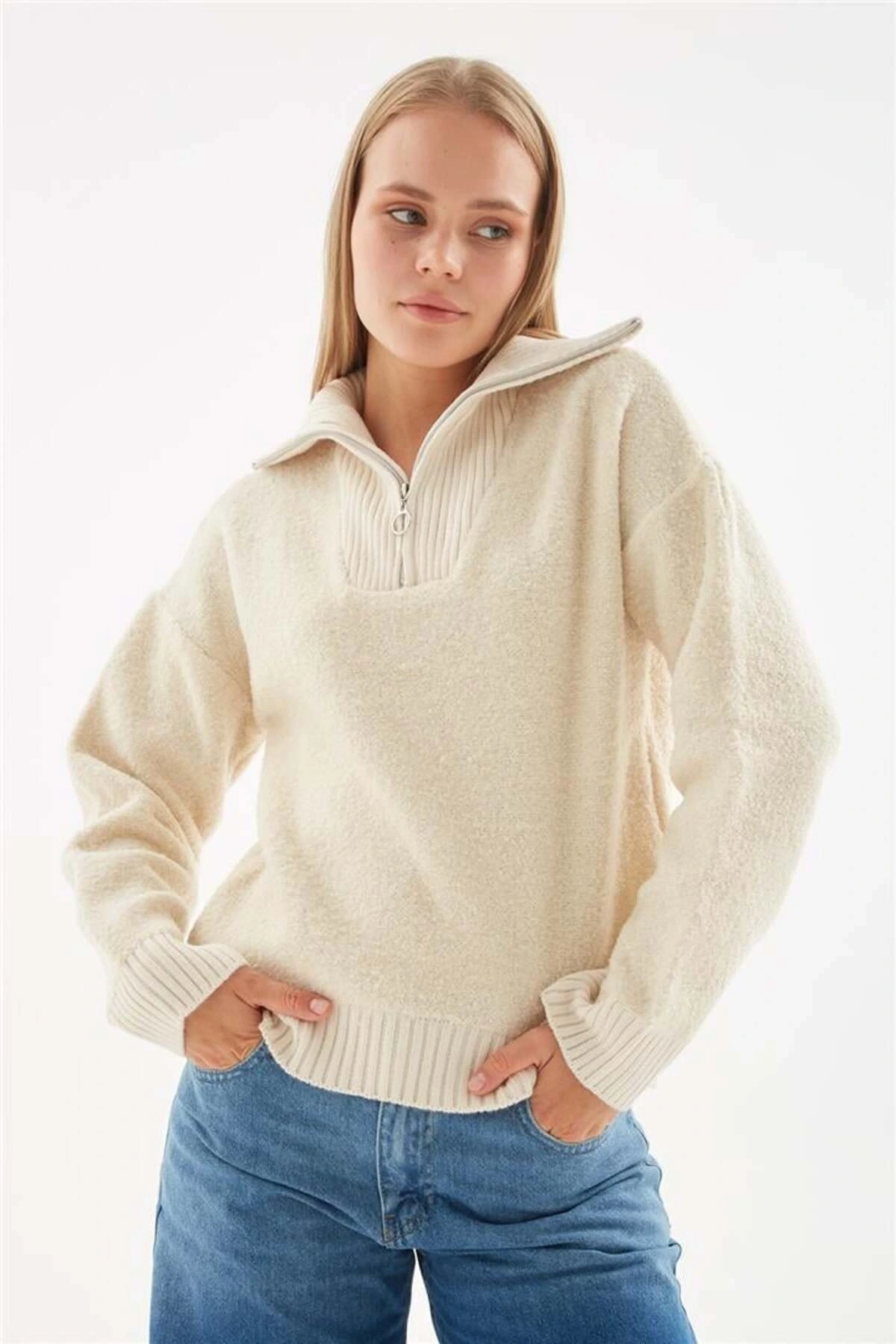 Yakası Fermuarlı Sweat Bej