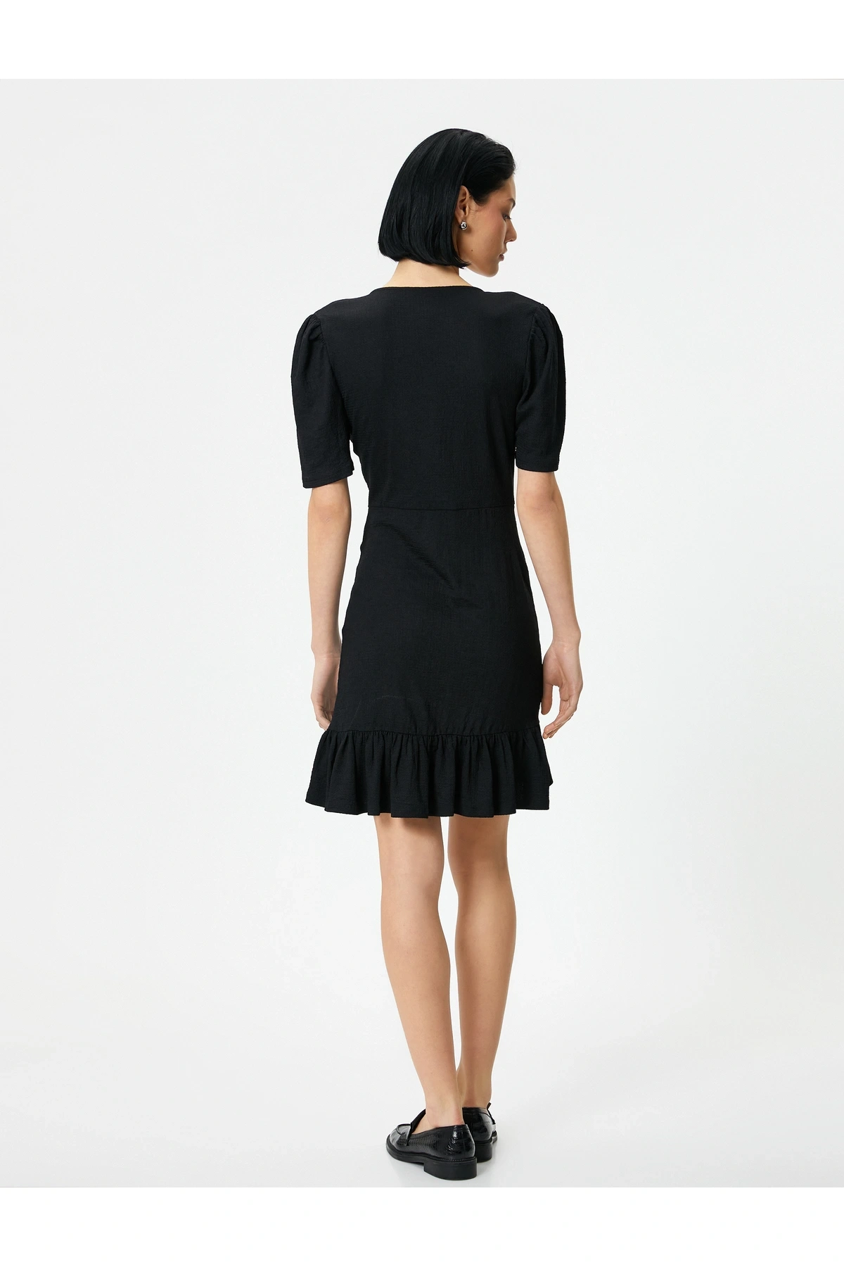 Mini Fırfırlı Elbise V Yaka Kruvaze Balon Kol