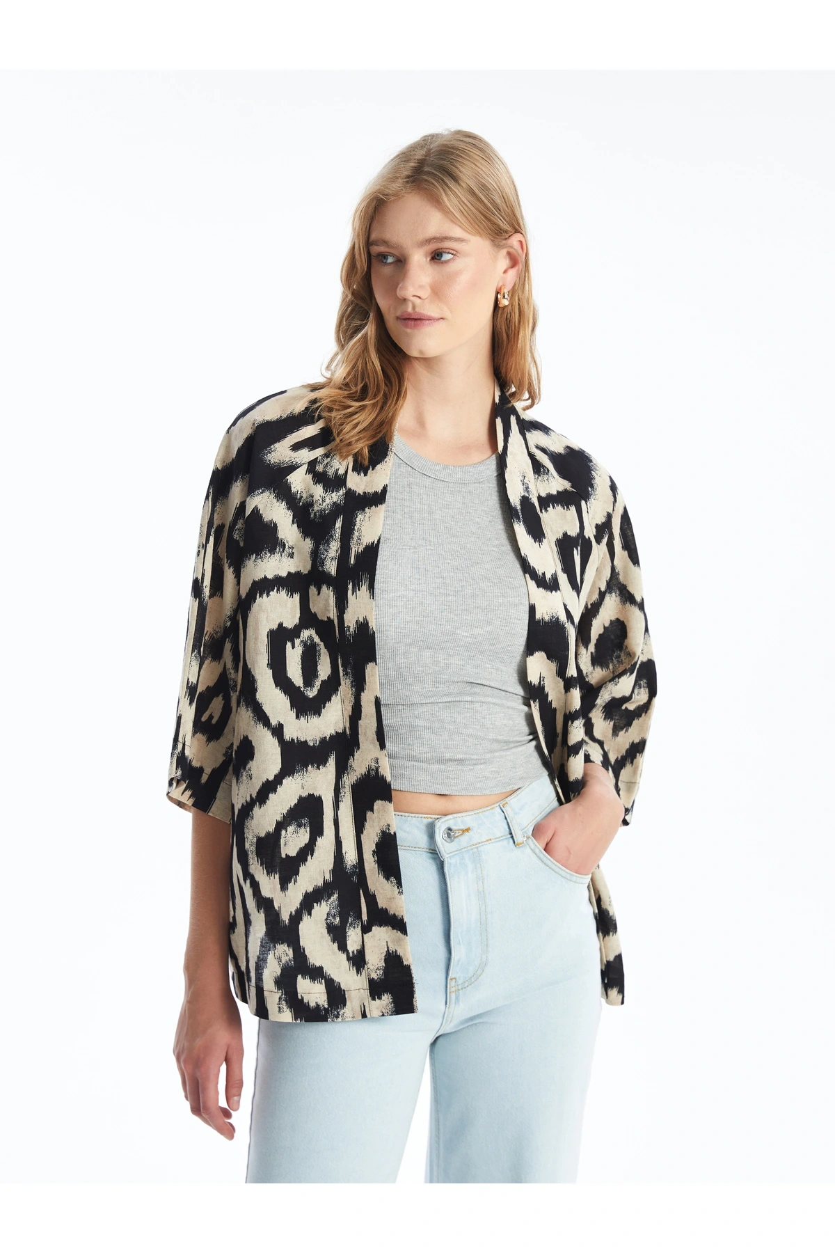 Şal Yaka Desenli Oversize Keten Karışımlı Kadın Kimono