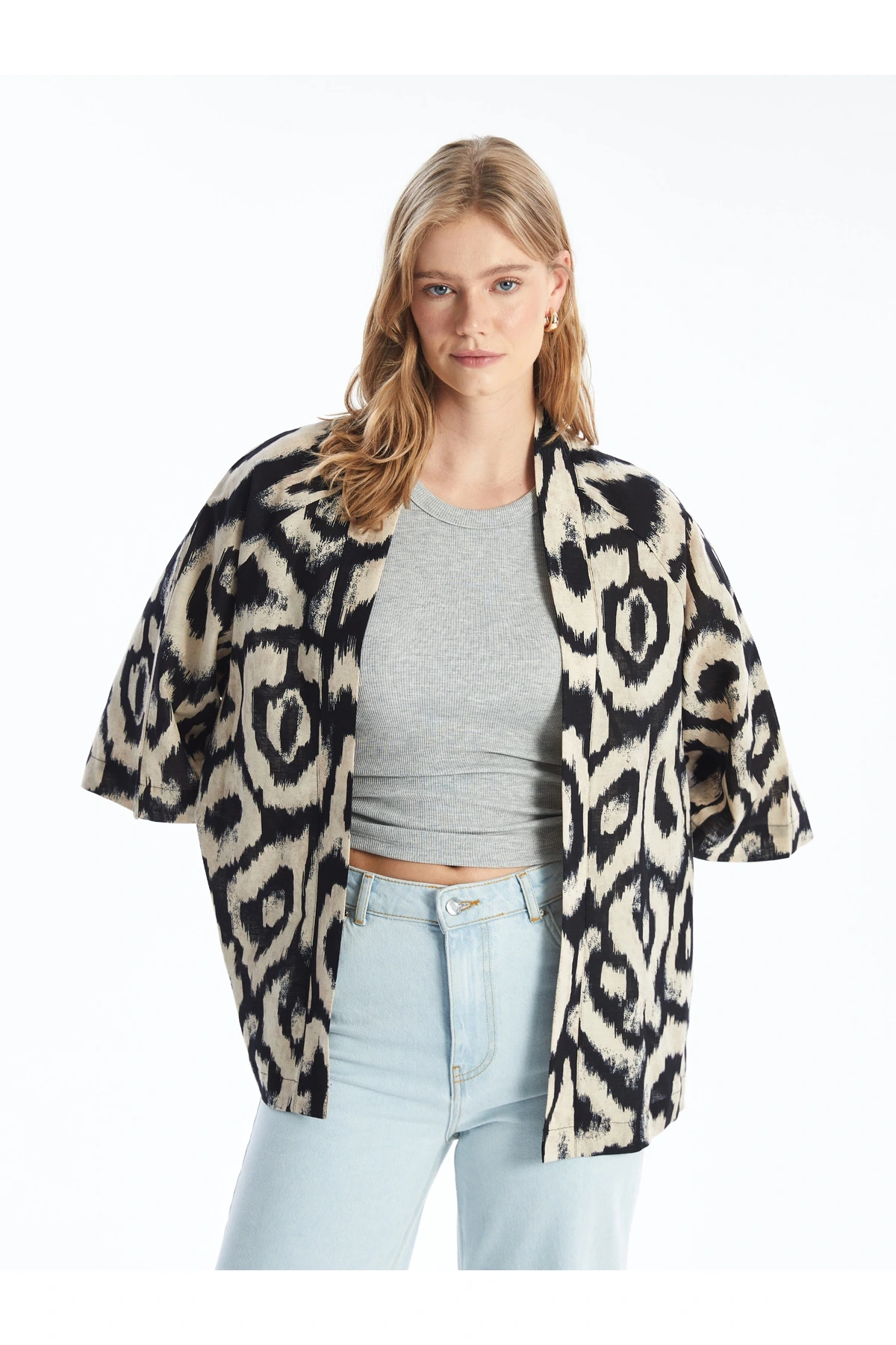 Şal Yaka Desenli Oversize Keten Karışımlı Kadın Kimono