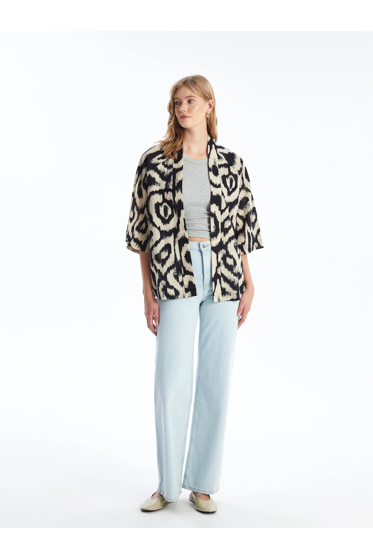 Şal Yaka Desenli Oversize Keten Karışımlı Kadın Kimono