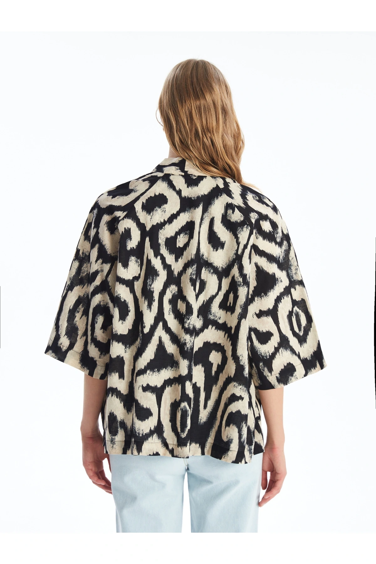 Şal Yaka Desenli Oversize Keten Karışımlı Kadın Kimono