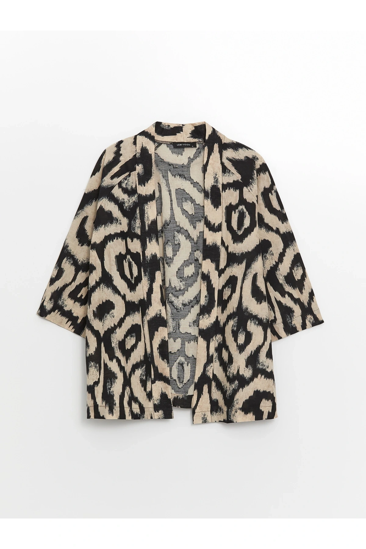 Şal Yaka Desenli Oversize Keten Karışımlı Kadın Kimono