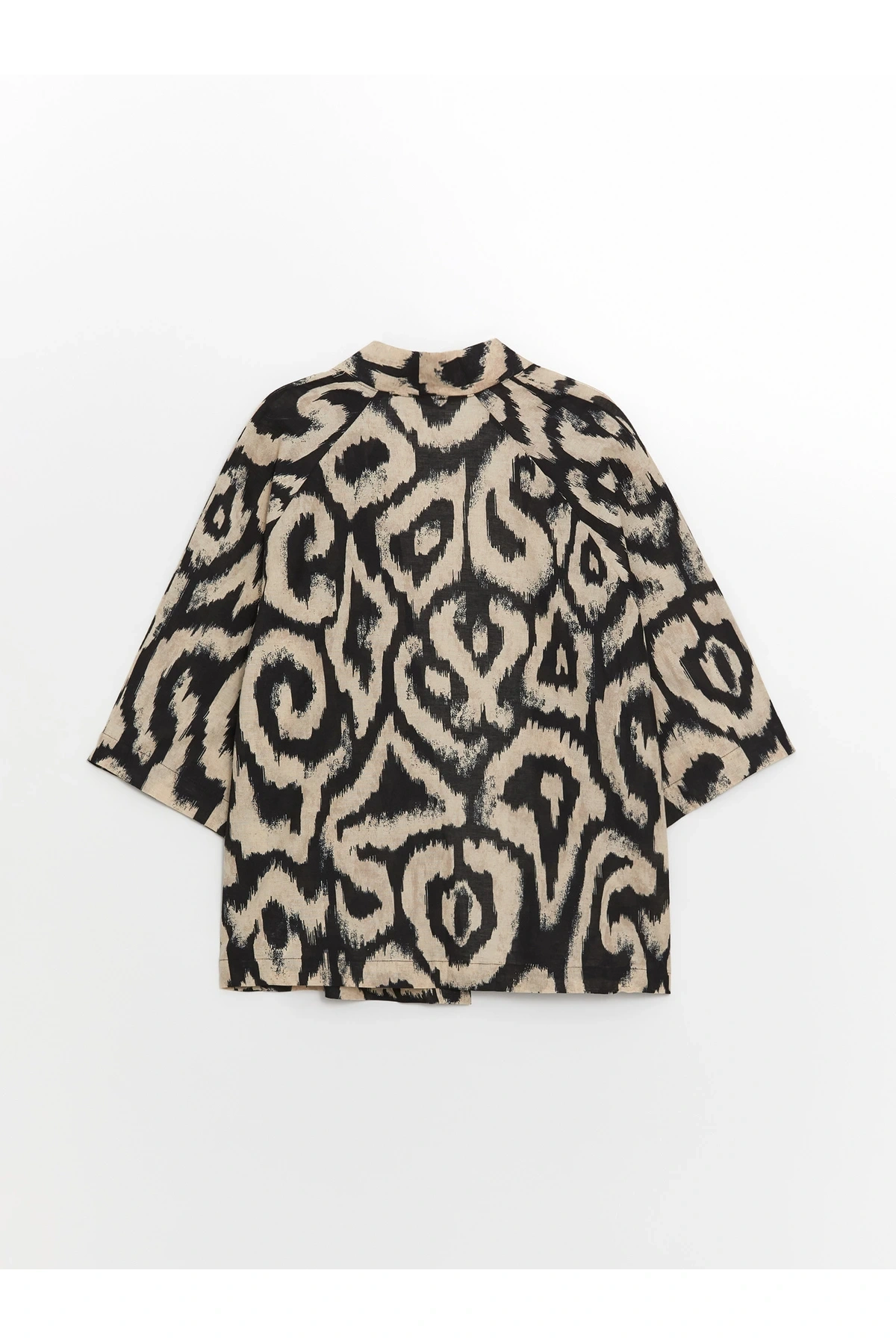 Şal Yaka Desenli Oversize Keten Karışımlı Kadın Kimono