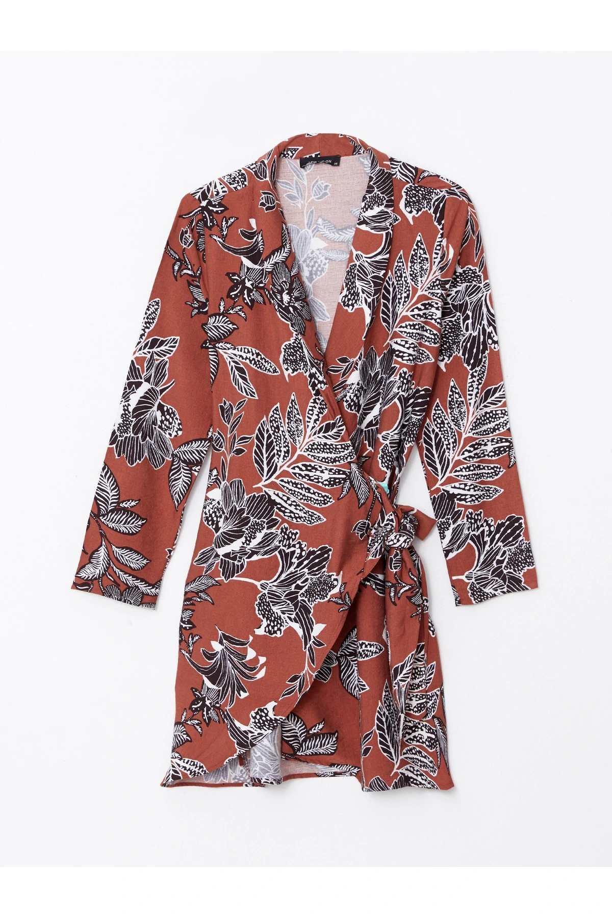 Kruvaze Yaka Desenli Uzun Kollu Kadın Elbise