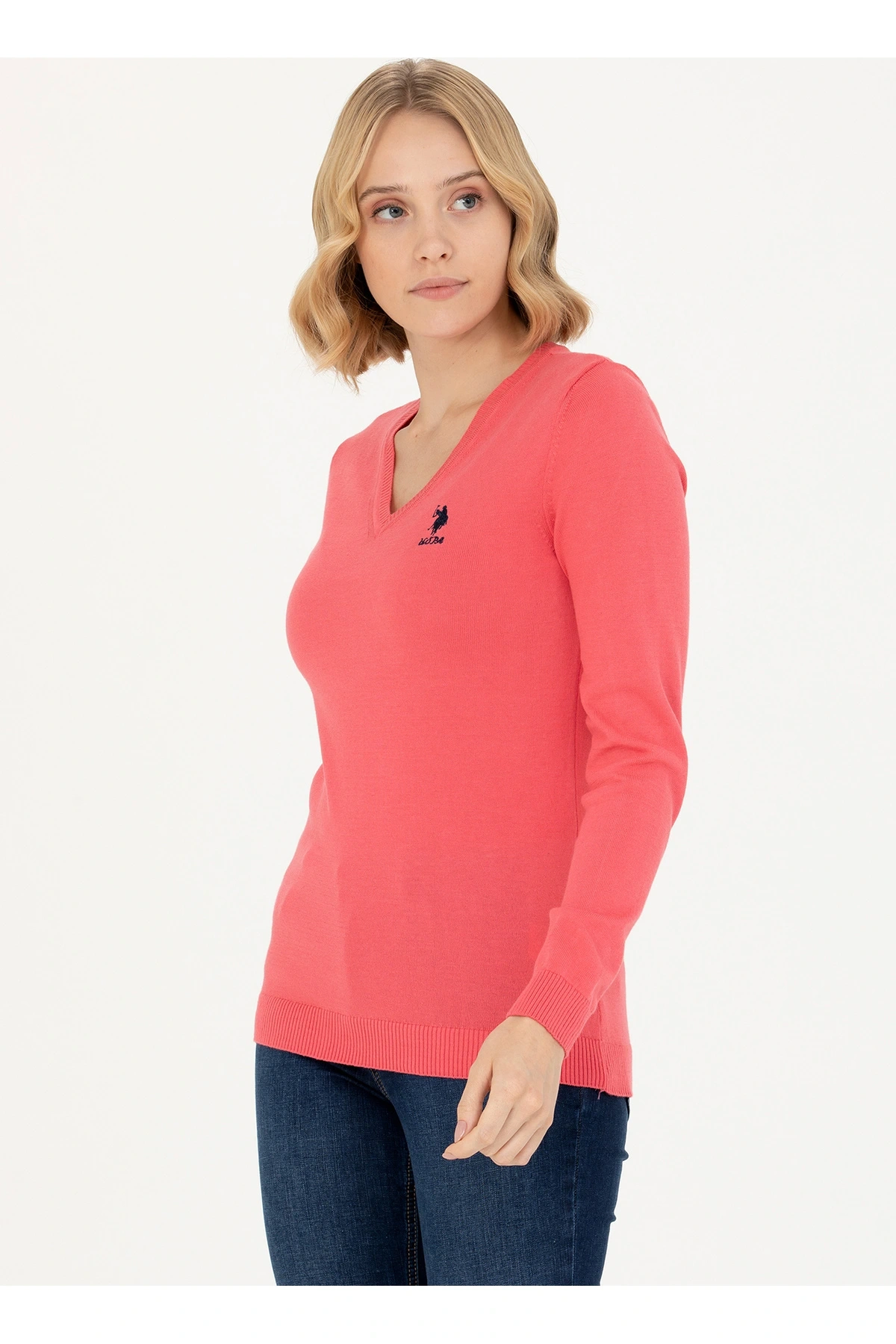 U.S. Polo Assn. V Yaka Slim Fit Pembe Kazak Kadın GTD02-BSK23