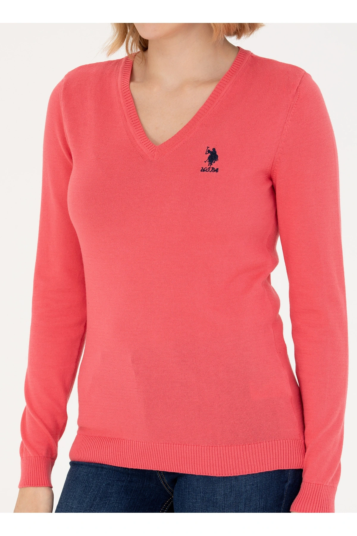 U.S. Polo Assn. V Yaka Slim Fit Pembe Kazak Kadın GTD02-BSK23