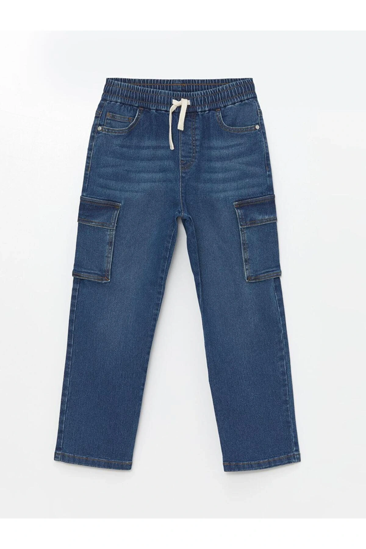 Kids İndigo Beli Lastikli Erkek Çocuk Kargo Jean Pantolon