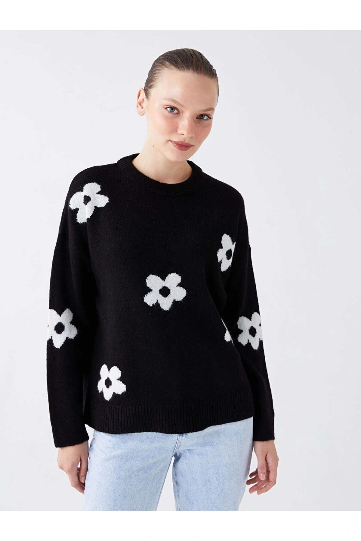 Bisiklet Yaka Çiçekli Uzun Kollu Oversize Kadın Triko Kazak