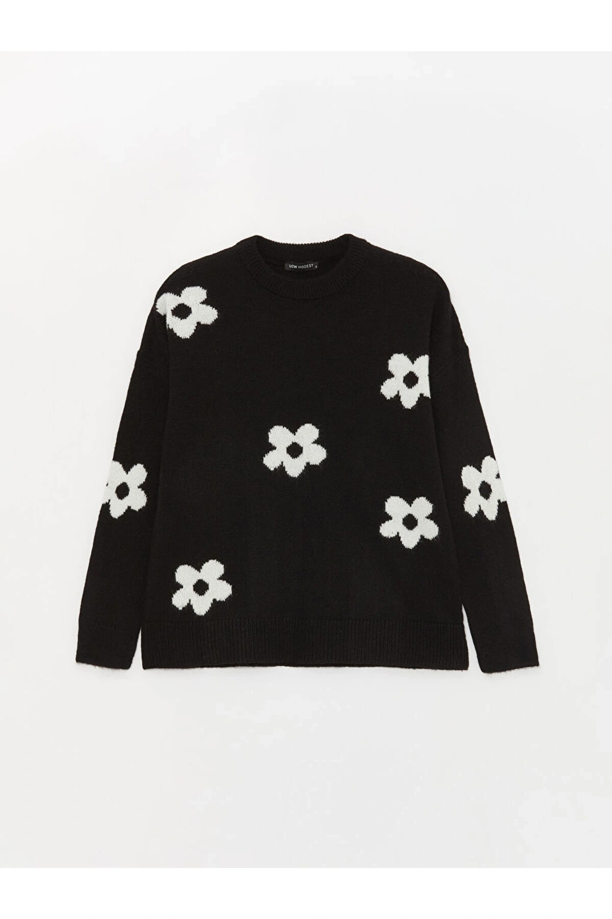 Bisiklet Yaka Çiçekli Uzun Kollu Oversize Kadın Triko Kazak