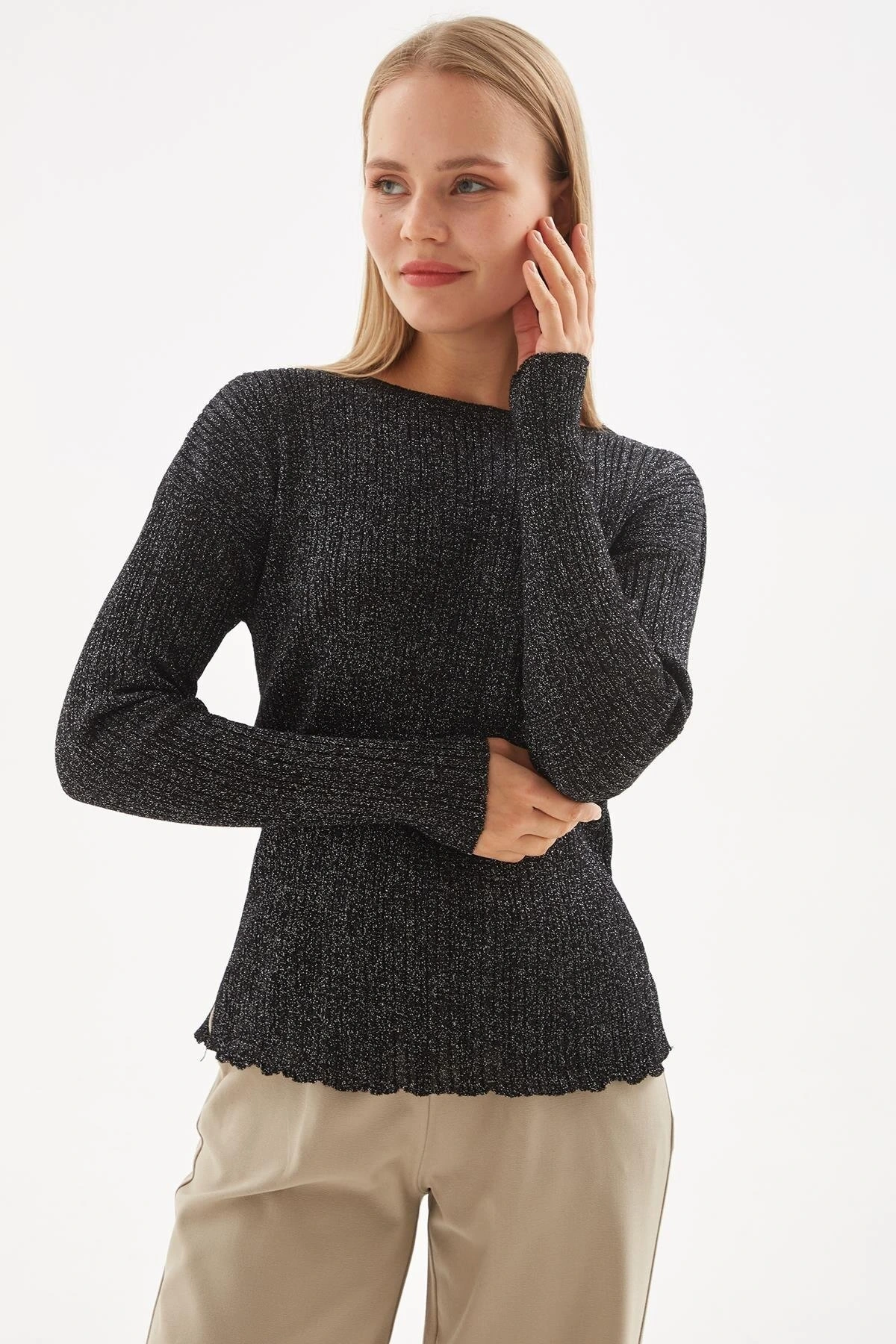 Simli Triko Bluz Siyah