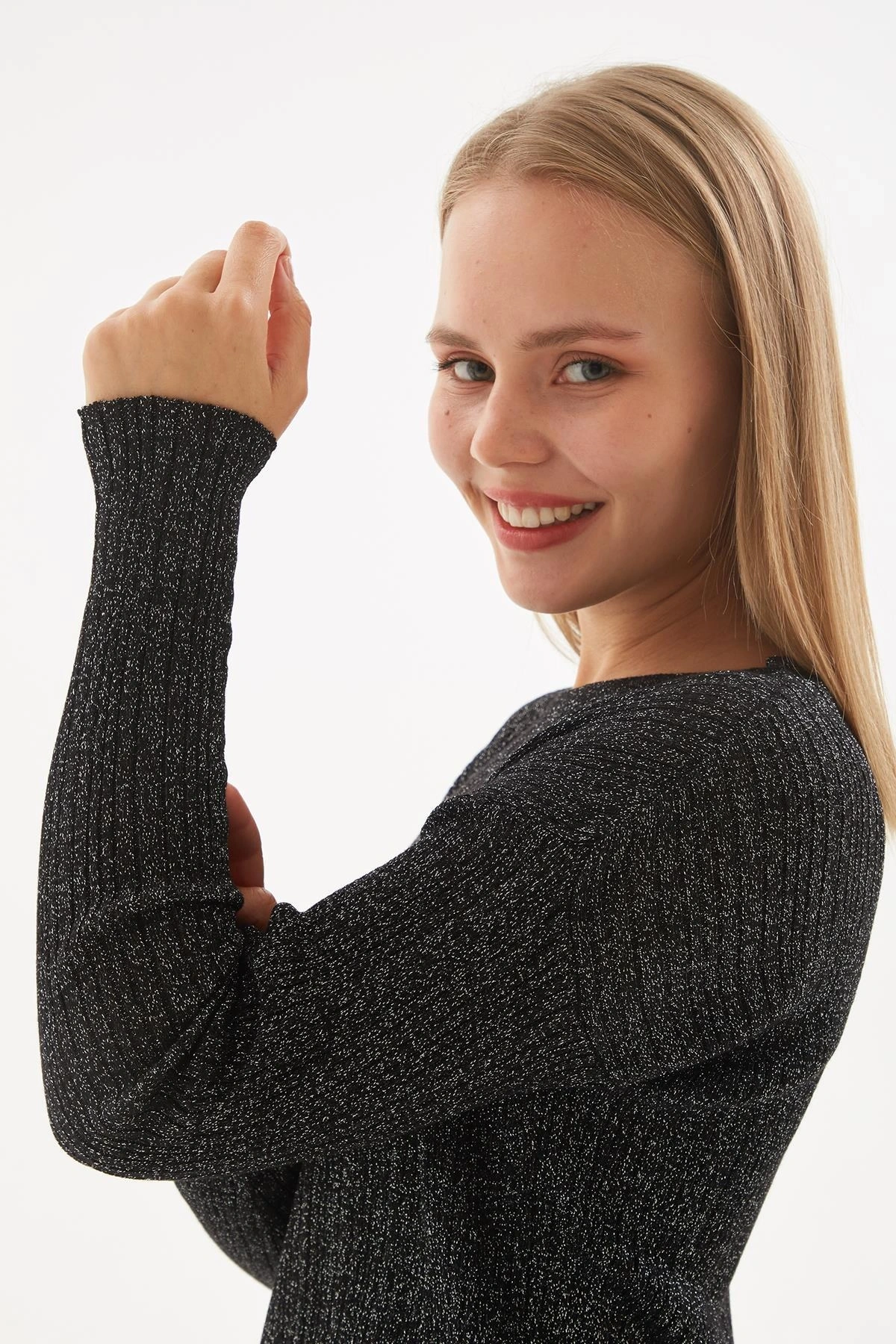 Simli Triko Bluz Siyah