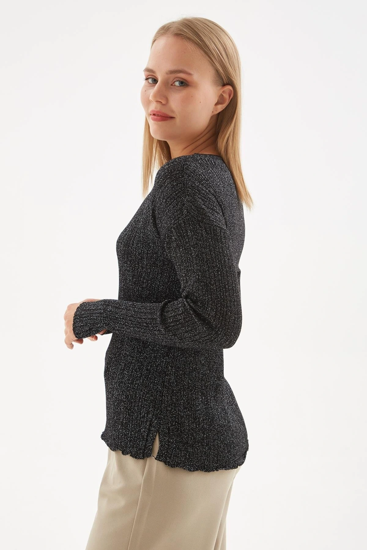 Simli Triko Bluz Siyah