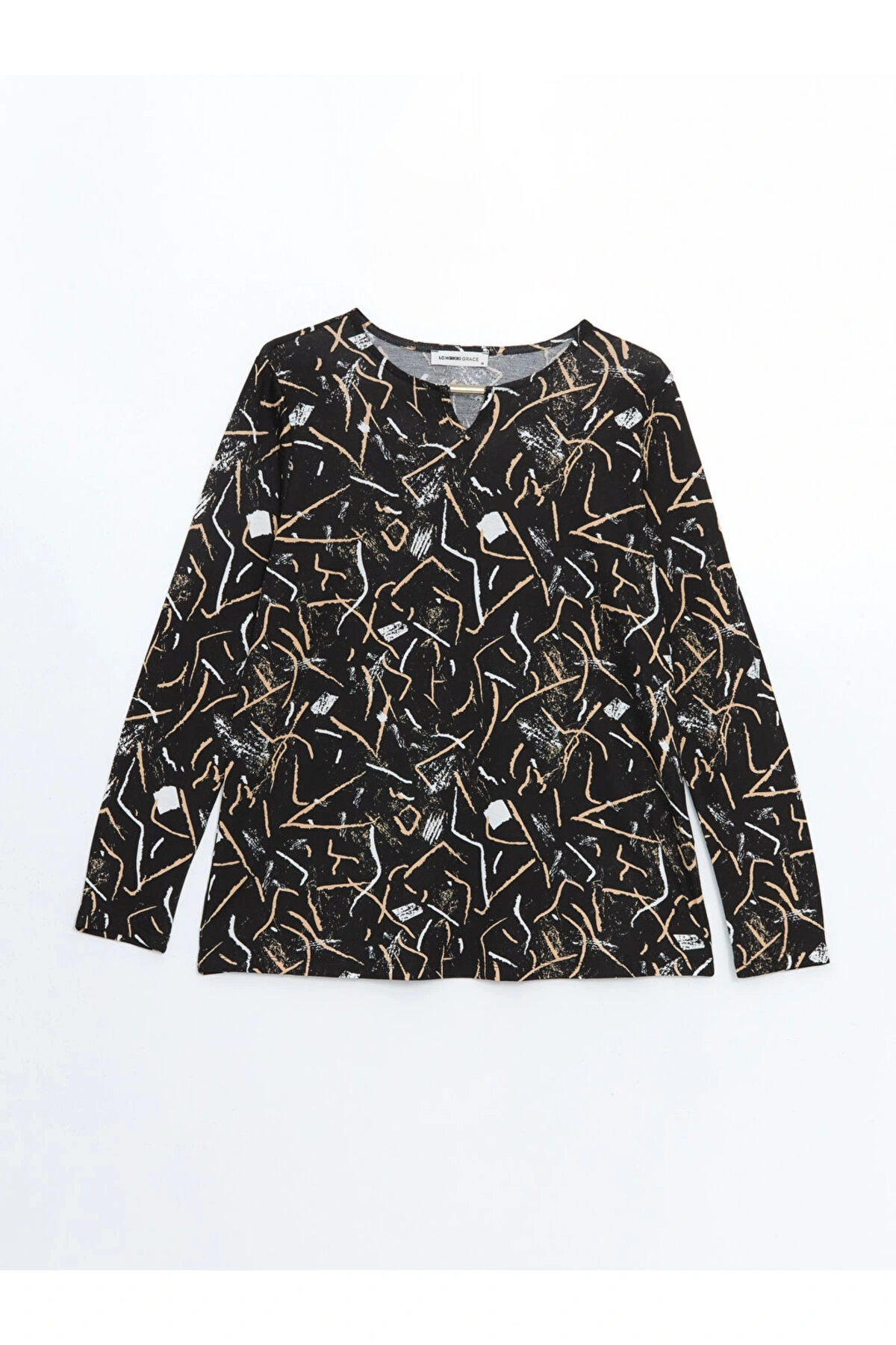 LCW Grace Siyah Bisiklet Yaka Desenli Uzun Kollu Kadın Bluz