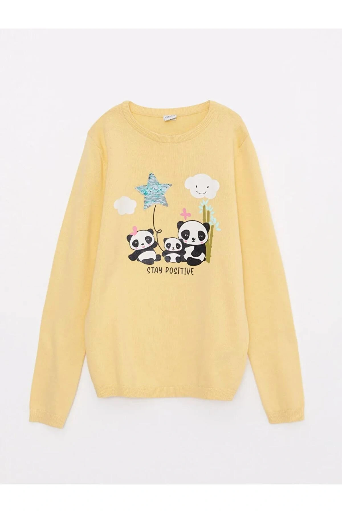 LCW Kids Sarı Bisiklet Yaka Baskılı Çift Yönlü Payetli Uzun Kollu Kız Çocuk Triko Kazak