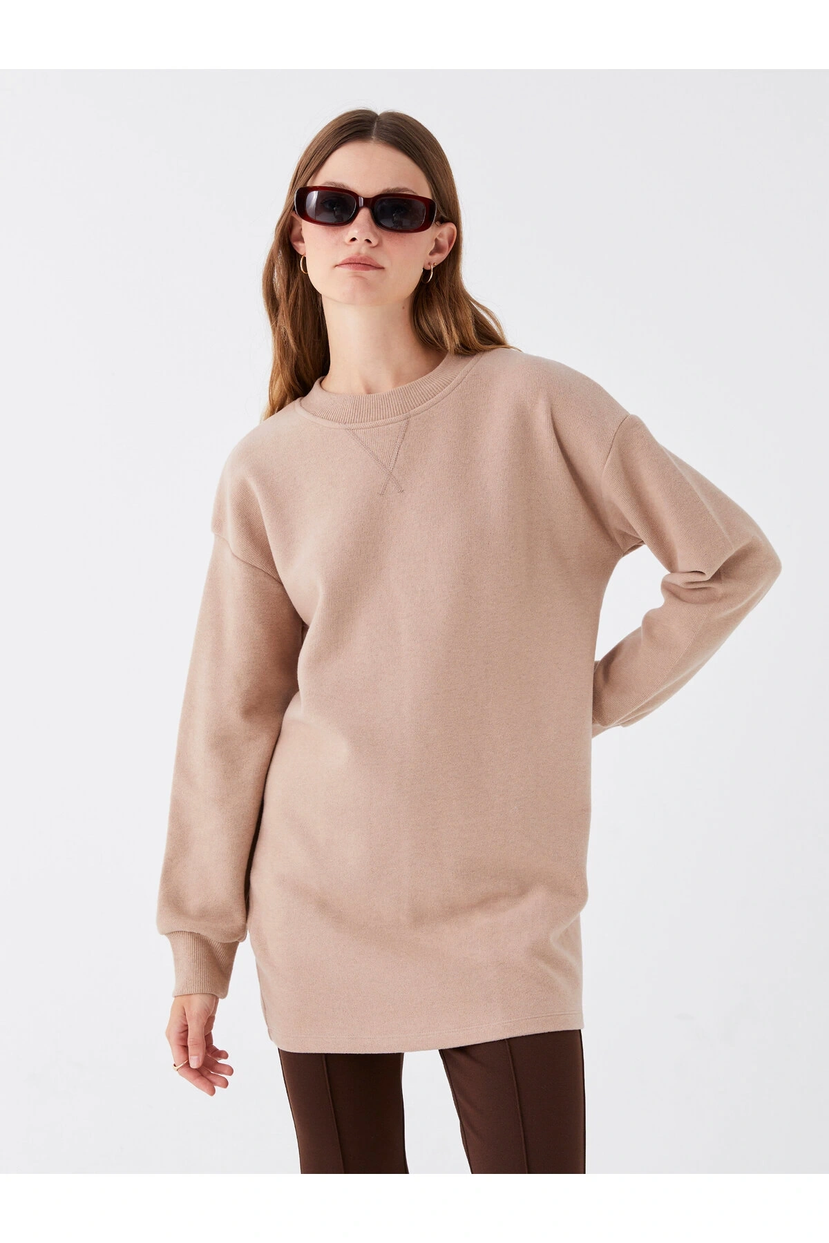 Bisiklet Yaka Düz Uzun Kollu Kadın Tunik