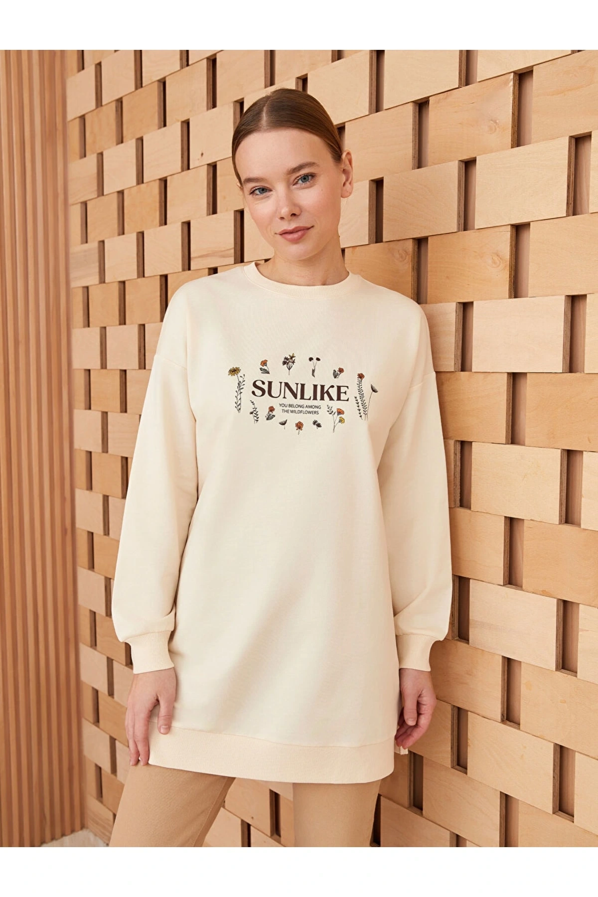 Bisiklet Yaka Baskılı Uzun Kollu Kadın Tunik