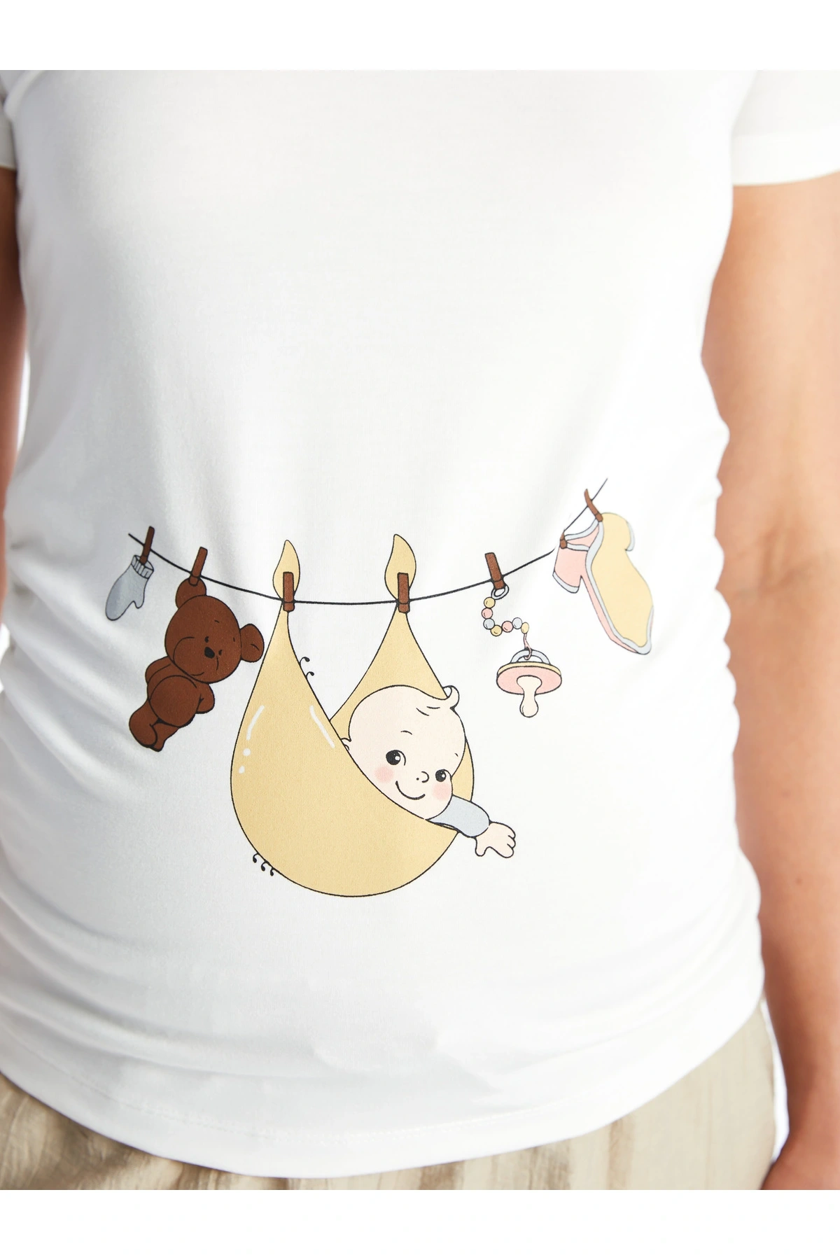 Bisiklet Yaka Baskılı Kısa Kollu Hamile Tişört