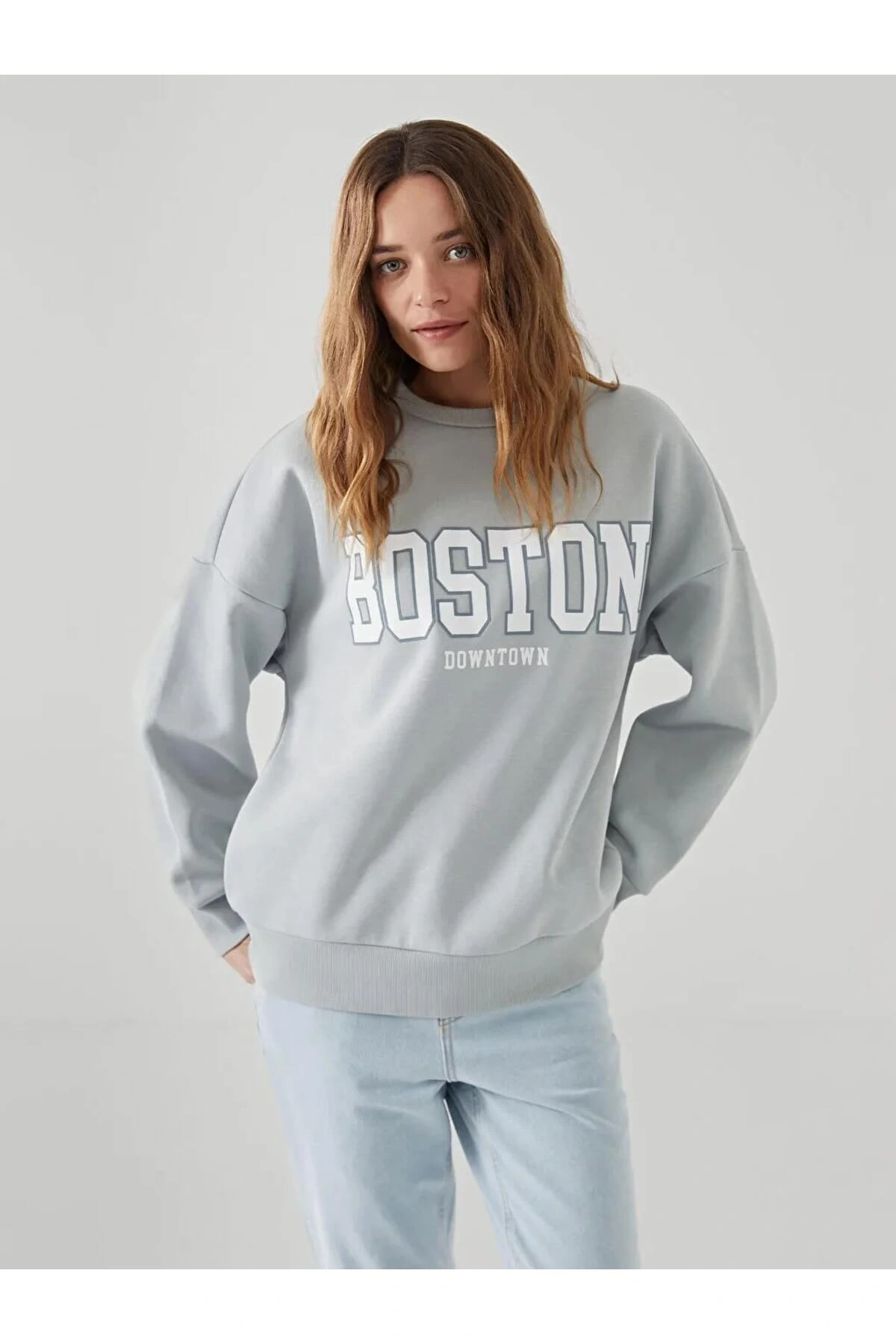 LCW Vision Gri Boston Baskılı Oversize Kadın Kalın Sweatshirt