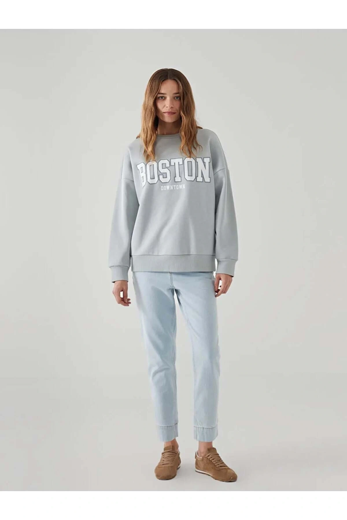 LCW Vision Gri Boston Baskılı Oversize Kadın Kalın Sweatshirt