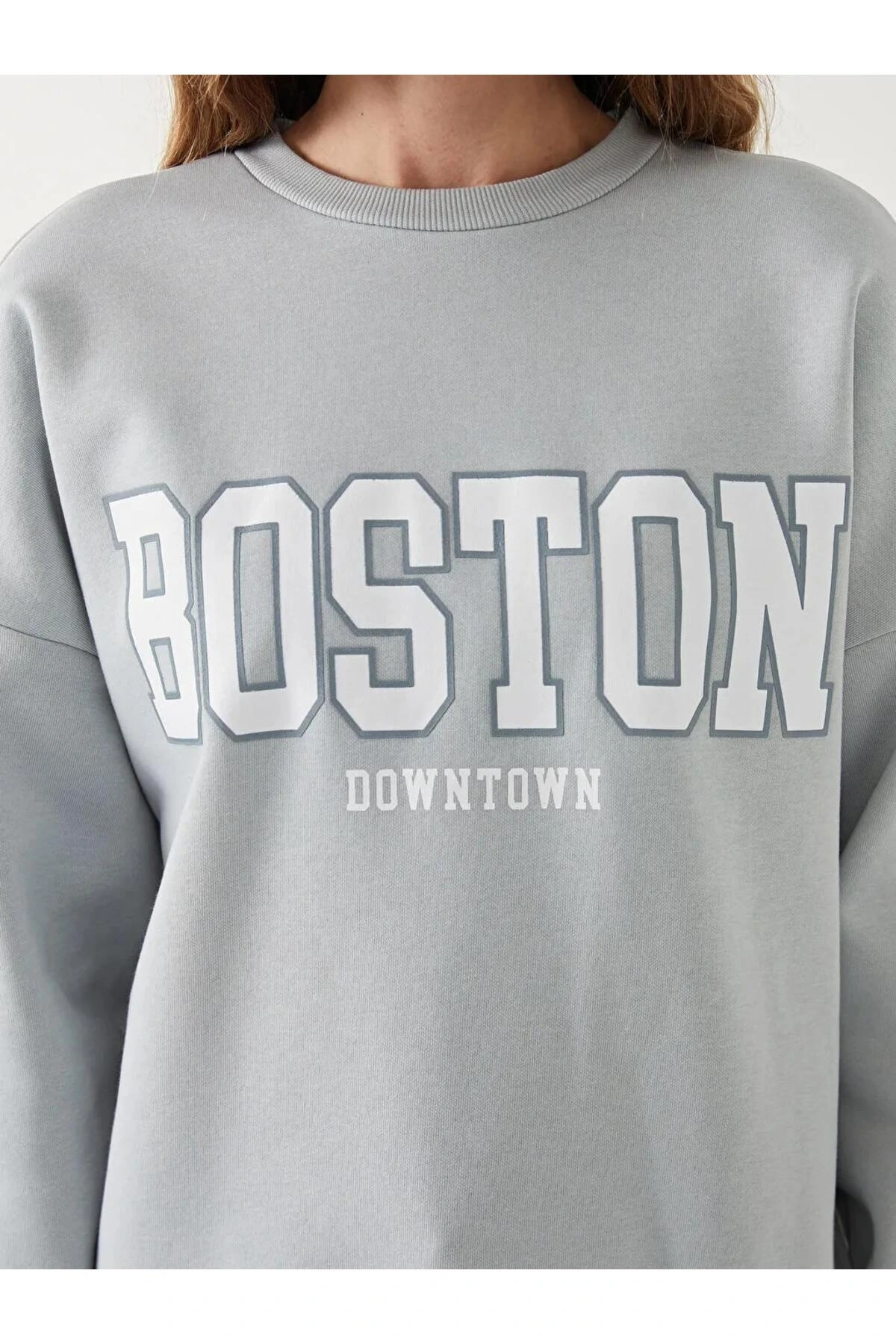 LCW Vision Gri Boston Baskılı Oversize Kadın Kalın Sweatshirt