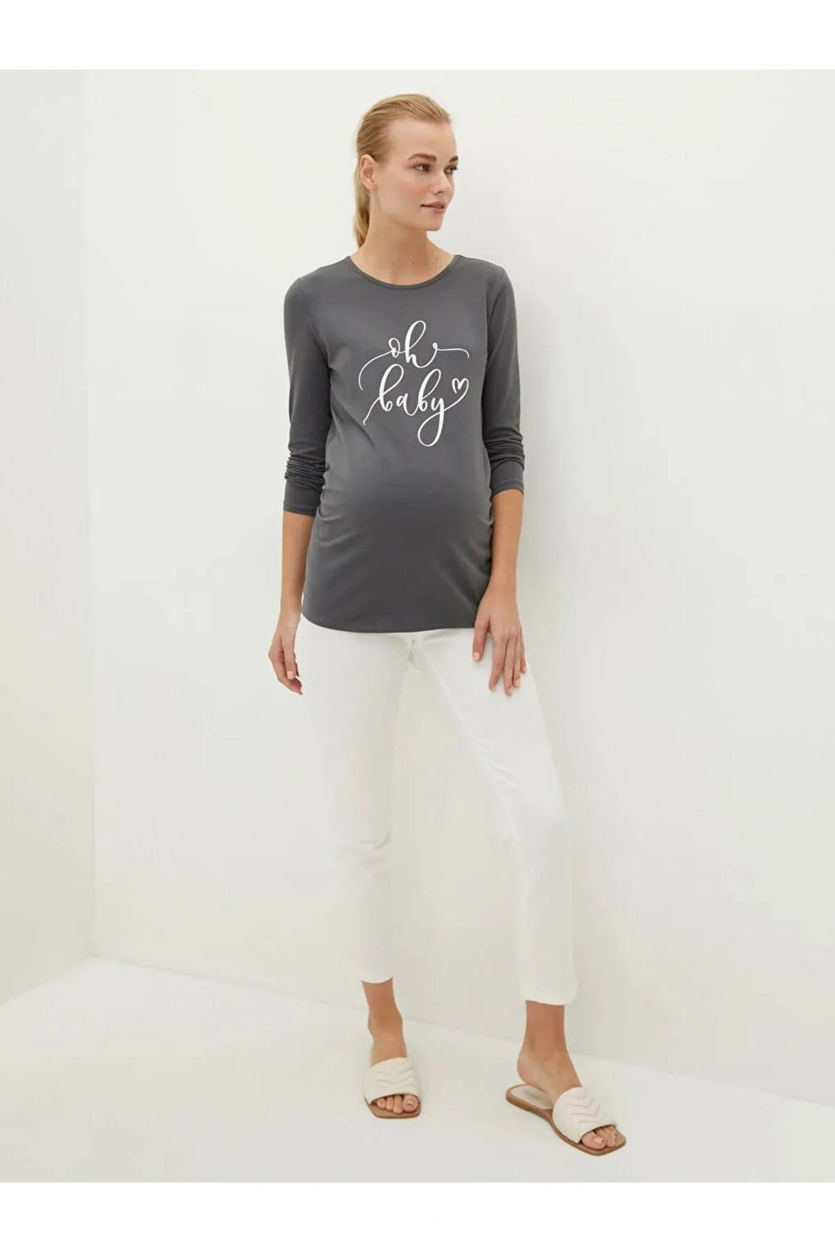 LCWAIKIKI Maternity Gri Bisiklet Yaka Baskılı Uzun Kollu Hamile Tişört