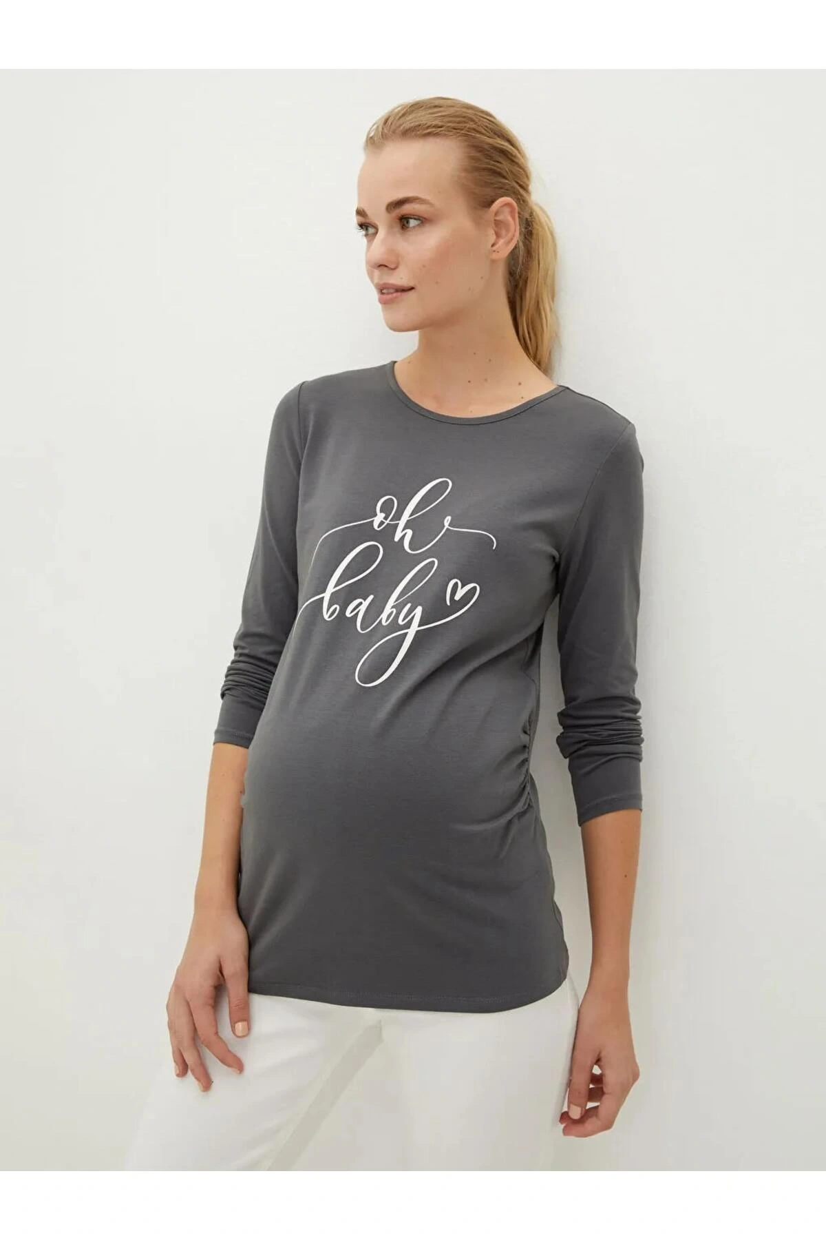 LCWAIKIKI Maternity Gri Bisiklet Yaka Baskılı Uzun Kollu Hamile Tişört