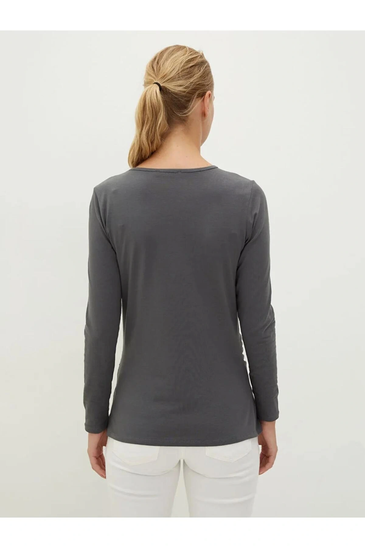 LCWAIKIKI Maternity Gri Bisiklet Yaka Baskılı Uzun Kollu Hamile Tişört