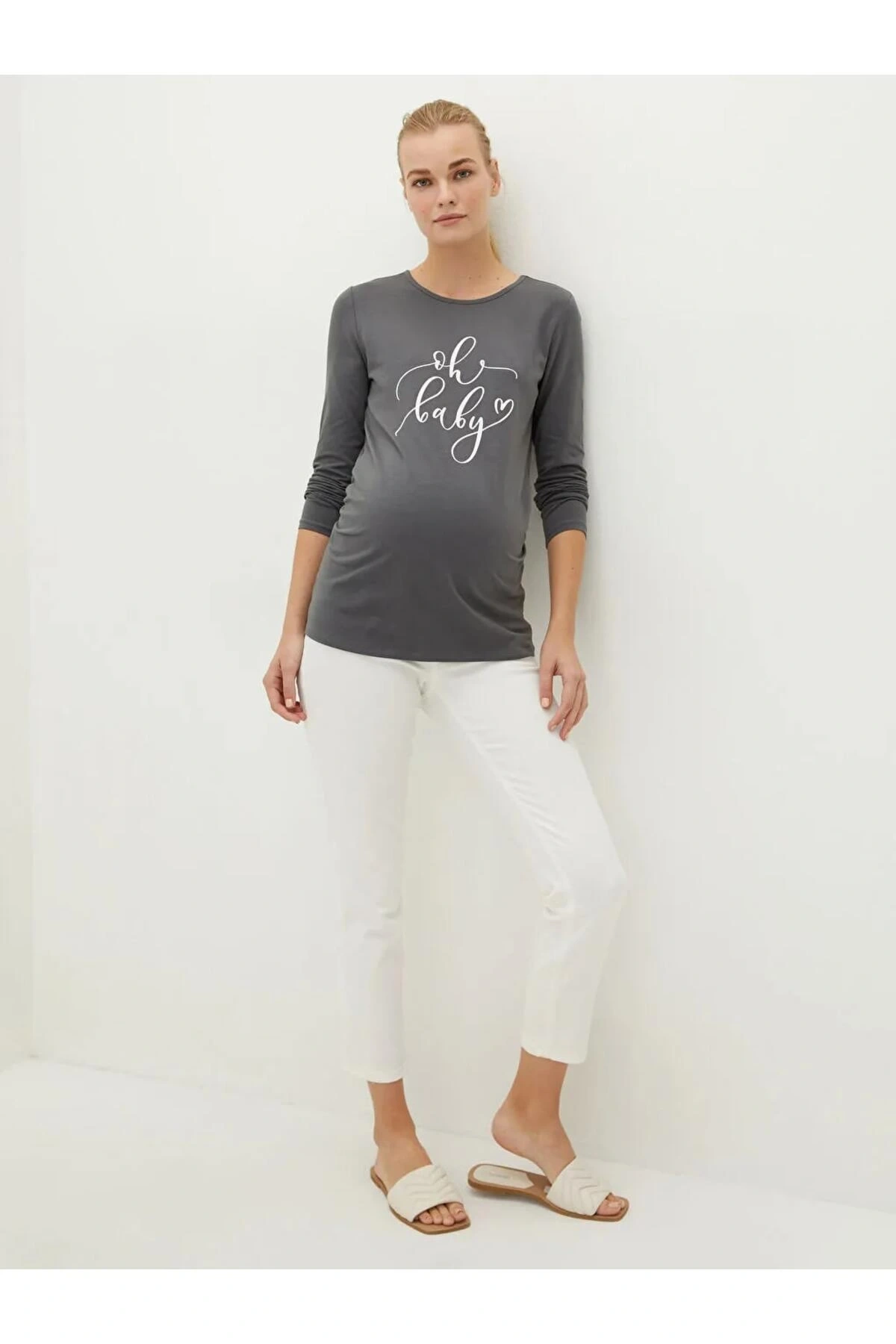 LCWAIKIKI Maternity Gri Bisiklet Yaka Baskılı Uzun Kollu Hamile Tişört