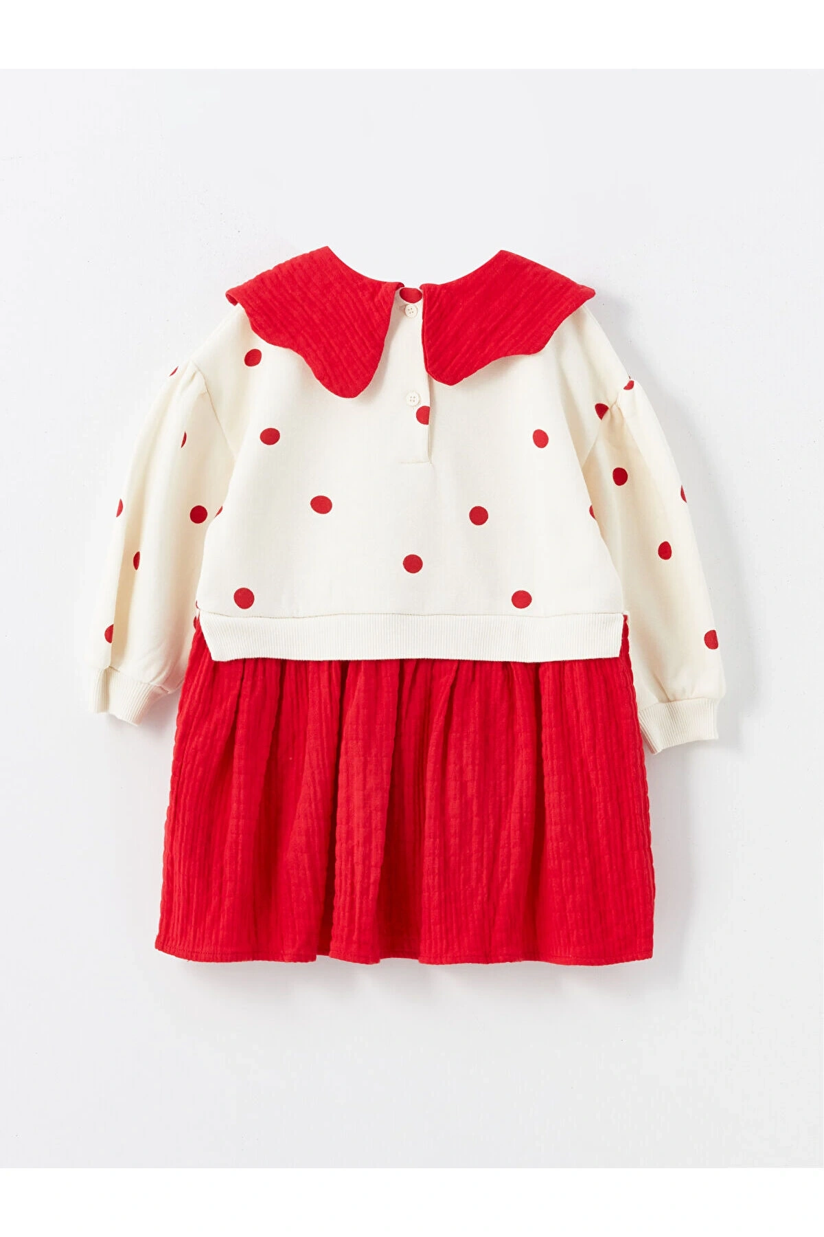 Lcw Baby Ekru Baskılı Bebe Yaka Uzun Kollu Puantiyeli Kız Bebek Elbise