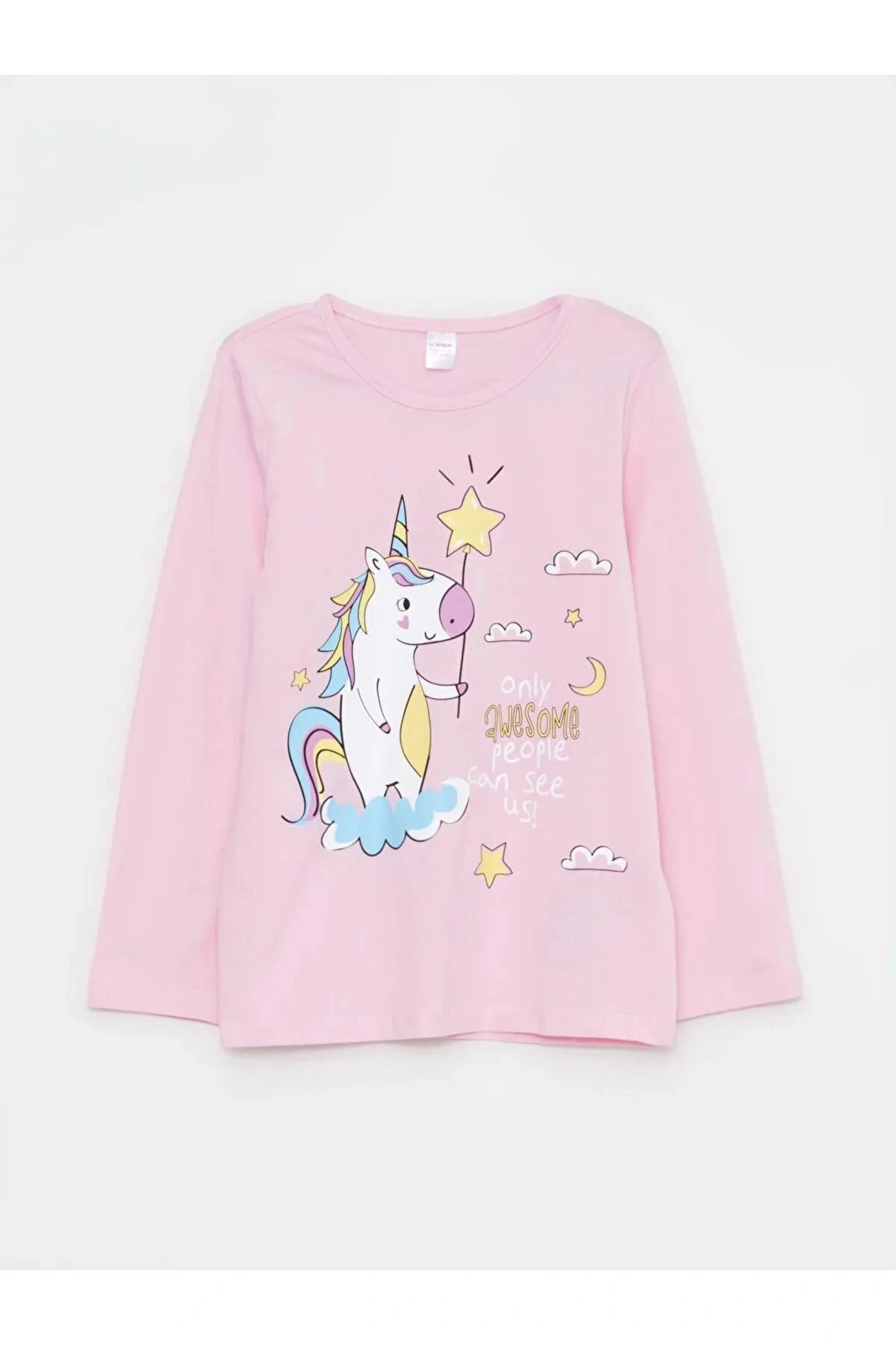 LCW Kids Pembe Bisiklet Yaka Baskılı Uzun Kollu Kız Çocuk Pijama Takımı