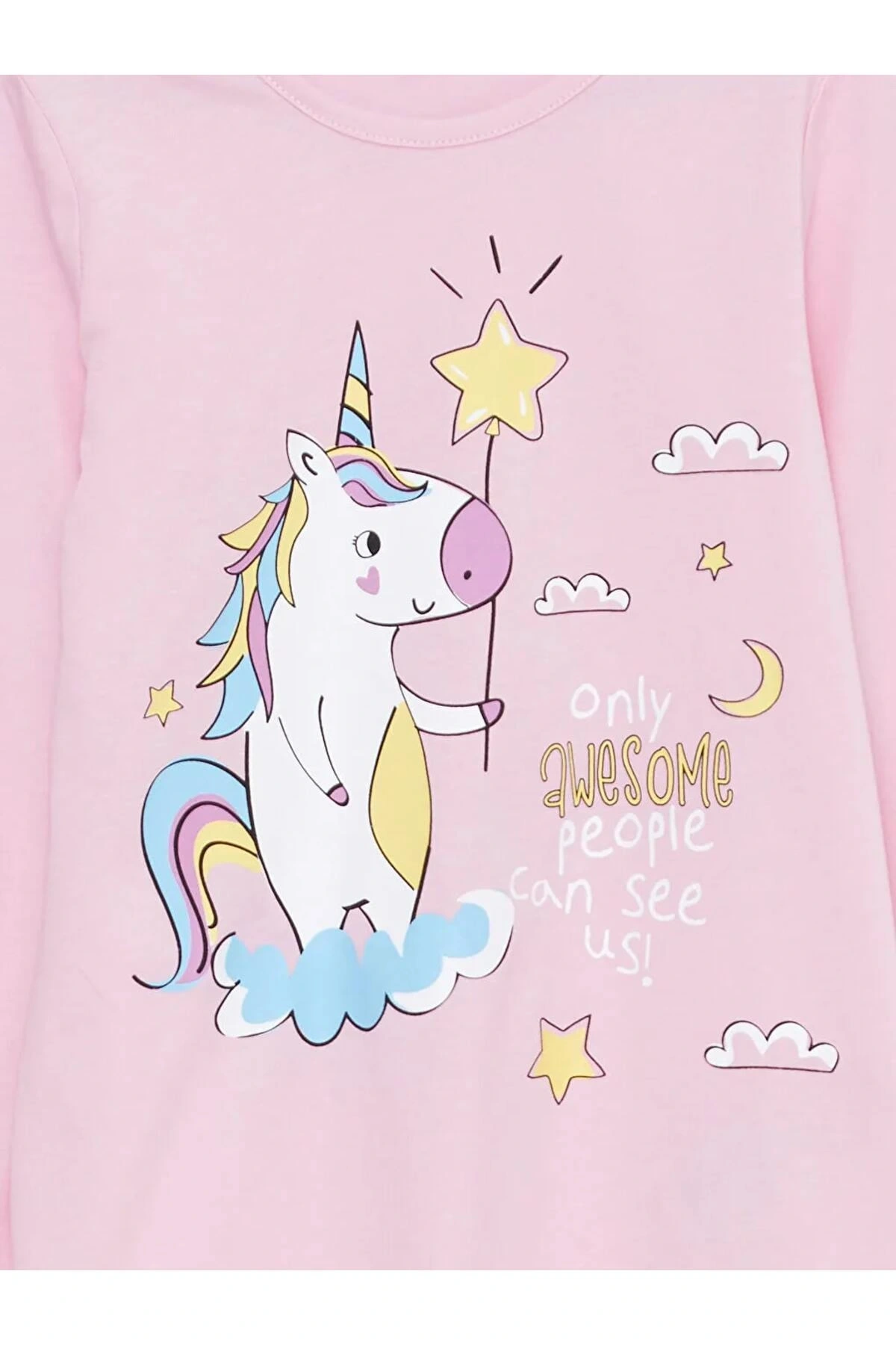 LCW Kids Pembe Bisiklet Yaka Baskılı Uzun Kollu Kız Çocuk Pijama Takımı