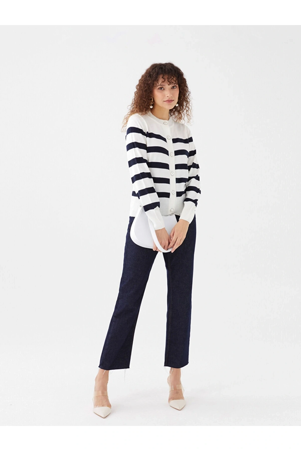Bisiklet Yaka Çizgili Uzun Kollu Kadın Triko Hırka