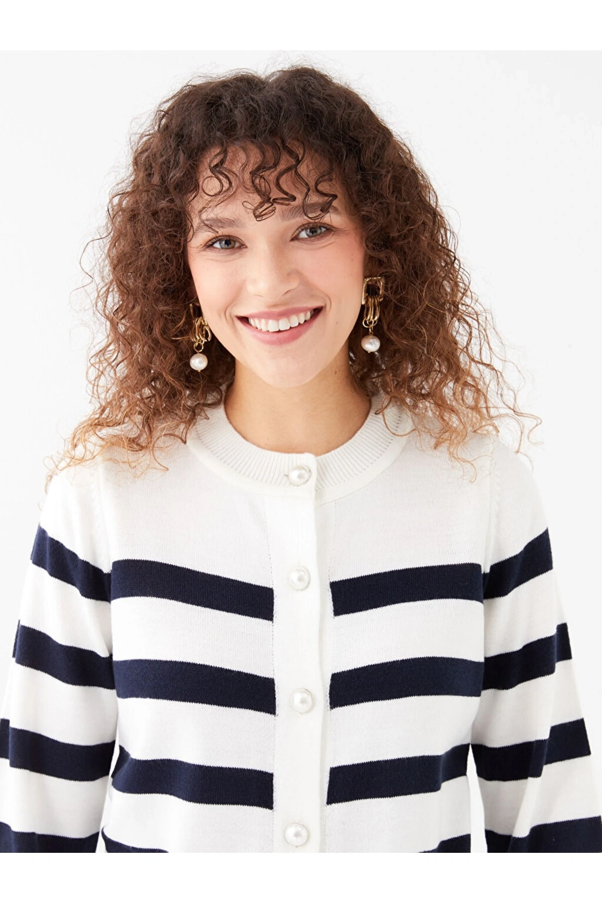 Bisiklet Yaka Çizgili Uzun Kollu Kadın Triko Hırka